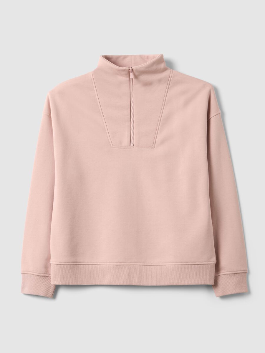 Regular fit pink cotton blend sweatshirt with half zip and high collar_4