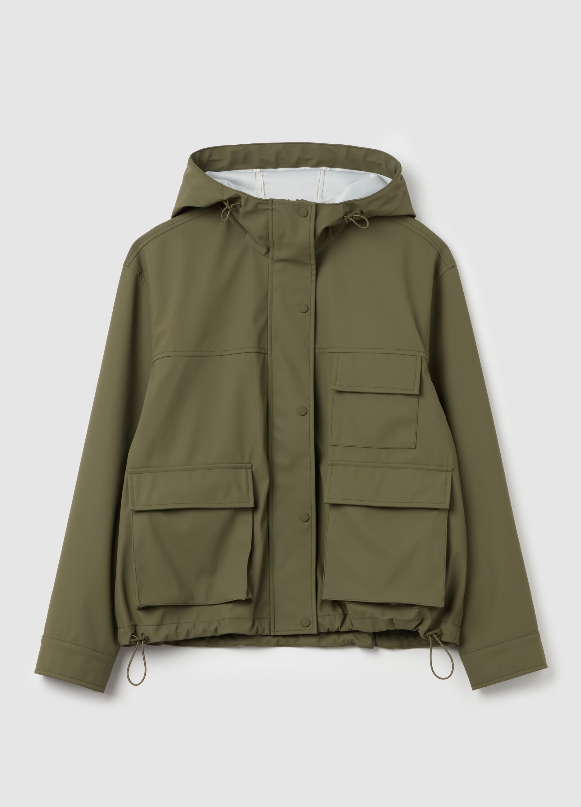Short parka with hood and drawstring