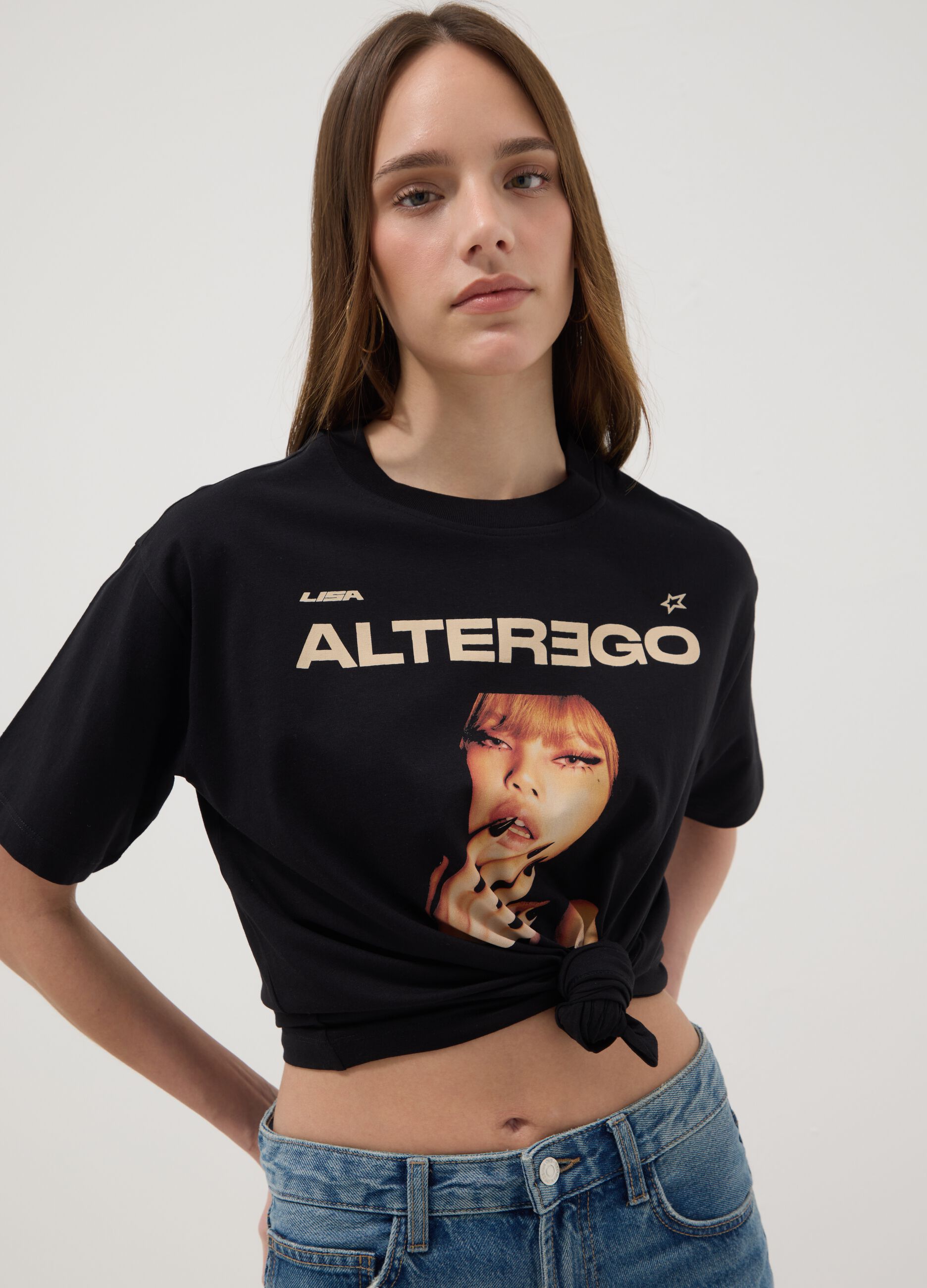 Black pure cotton regular-fit T-shirt with print