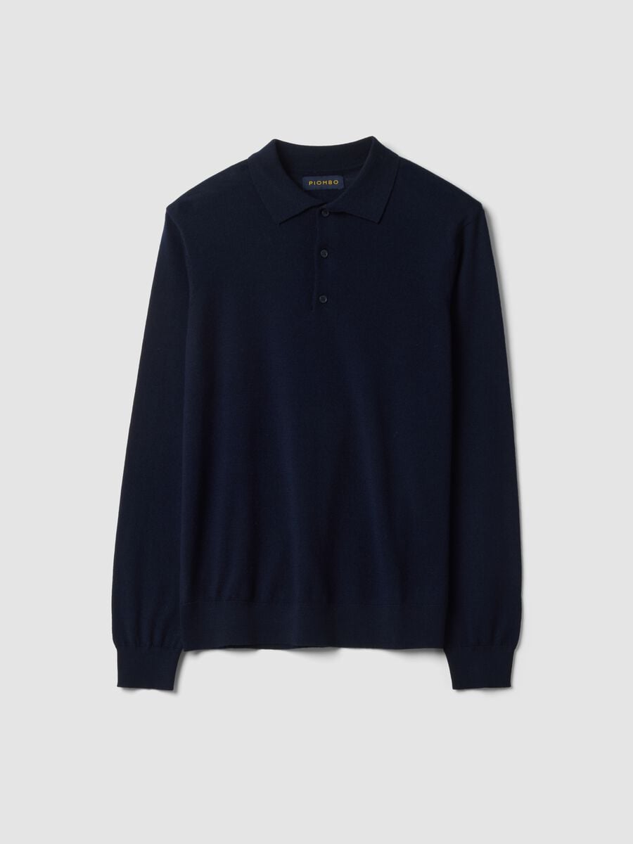 Maglia polo blu in pura lana merino con colletto polo_0