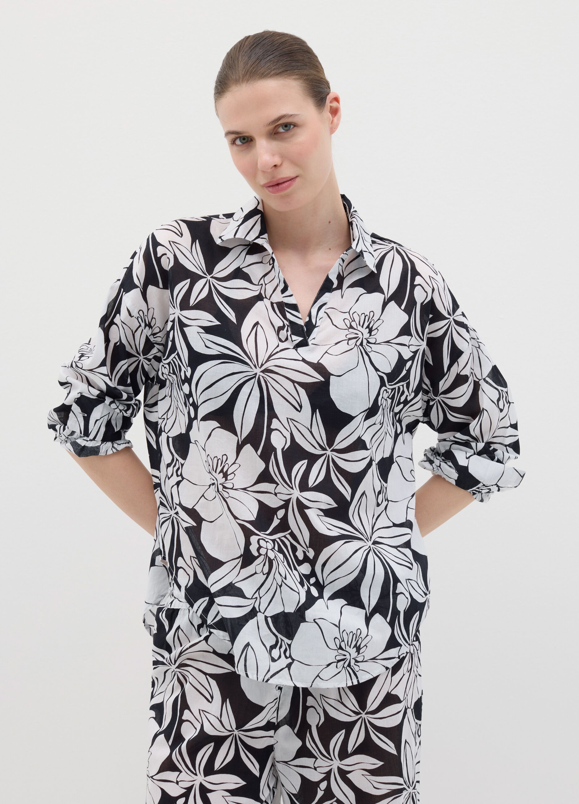 Camicia lunga da donna in puro cotone multicolor regular fit con stampa
