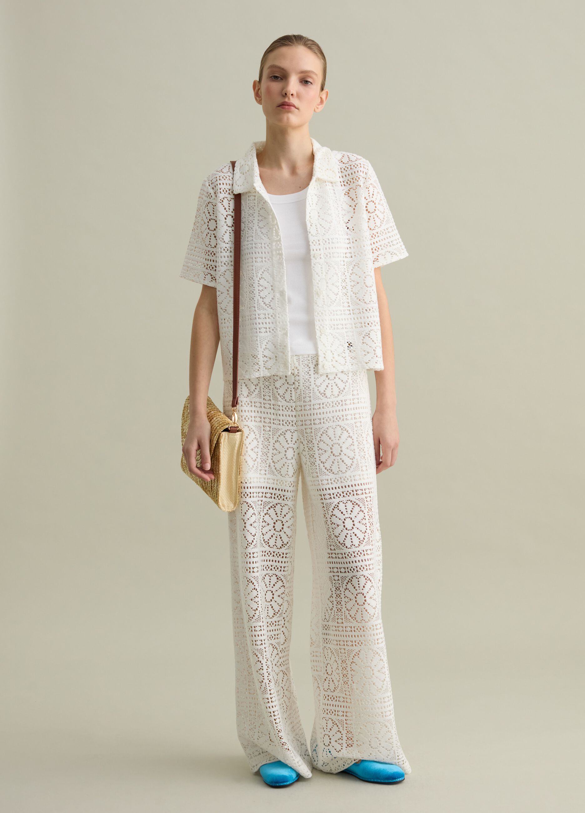 Pantalone a gamba larga in pizzo bianco