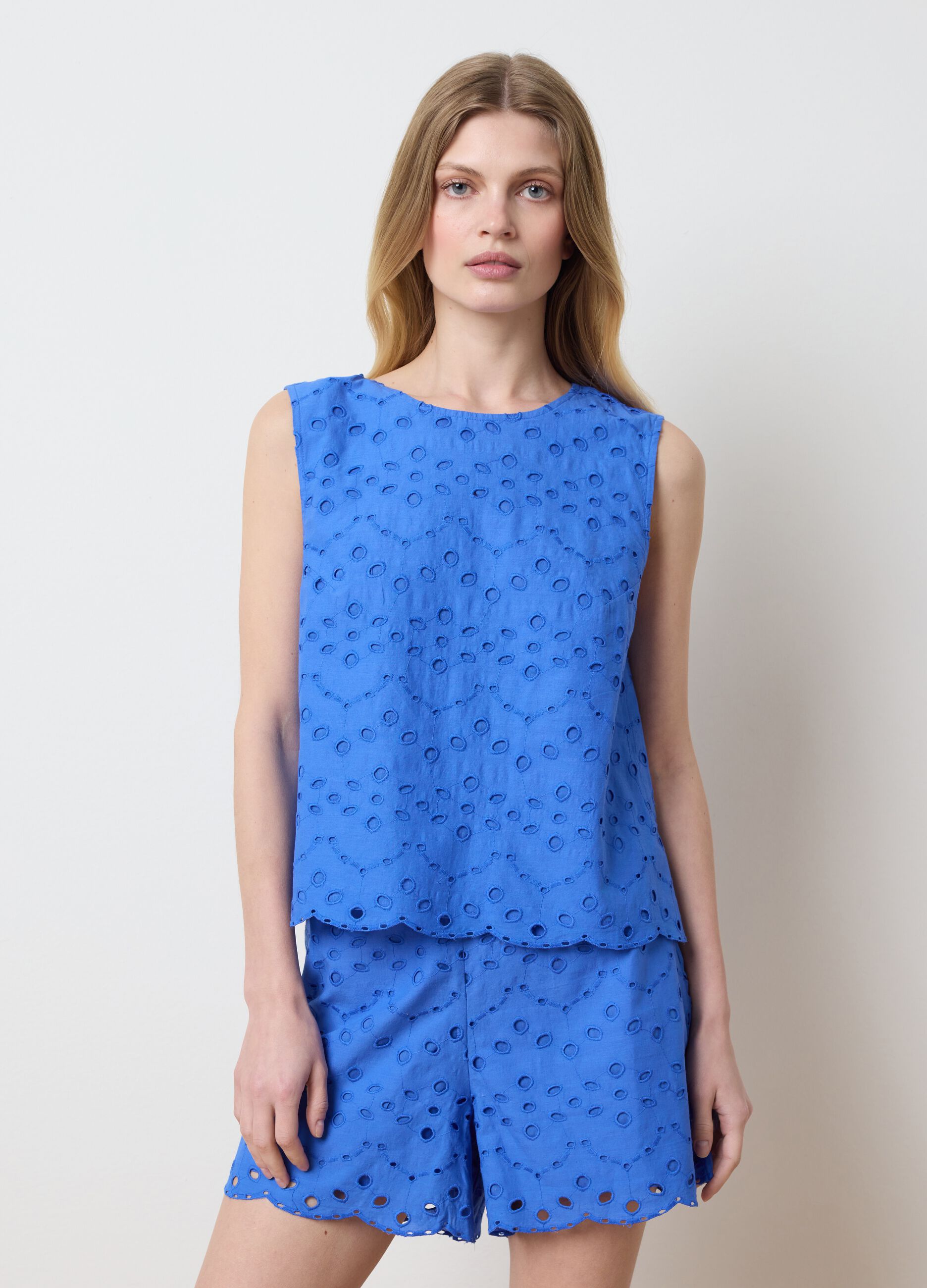 Completo estivo da donna in puro cotone blu regular fit con motivo