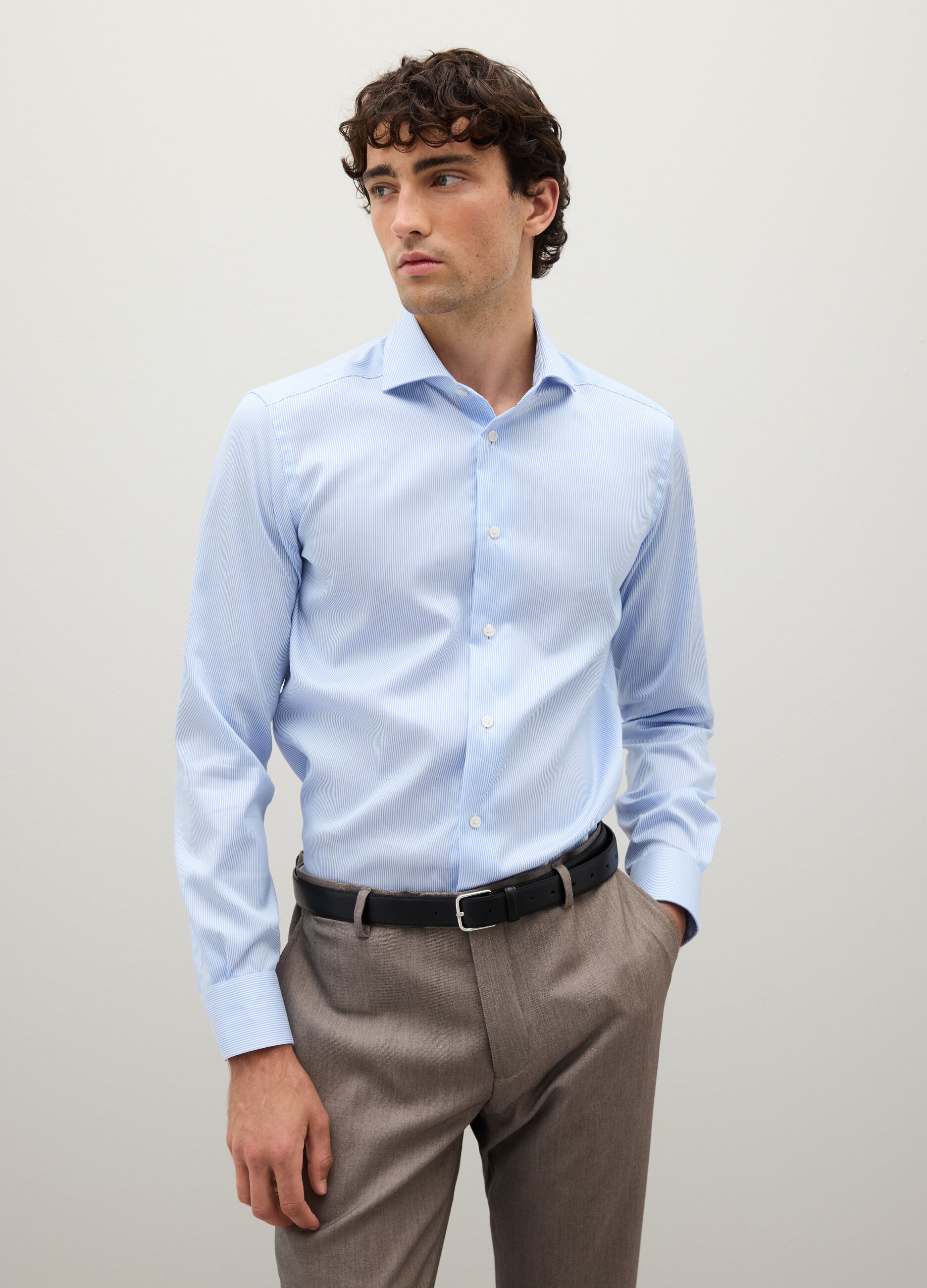 Slim fit long-sleeve blue cotton shirt