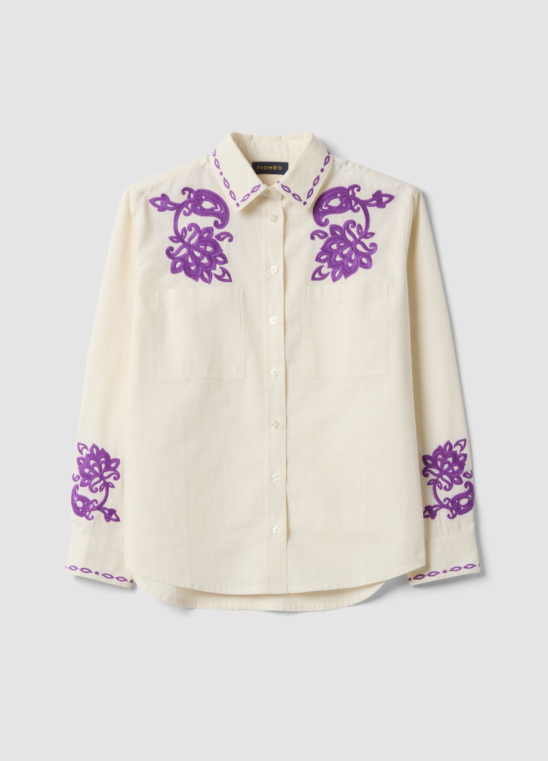 White pure cotton oversized shirt with purple embroidery