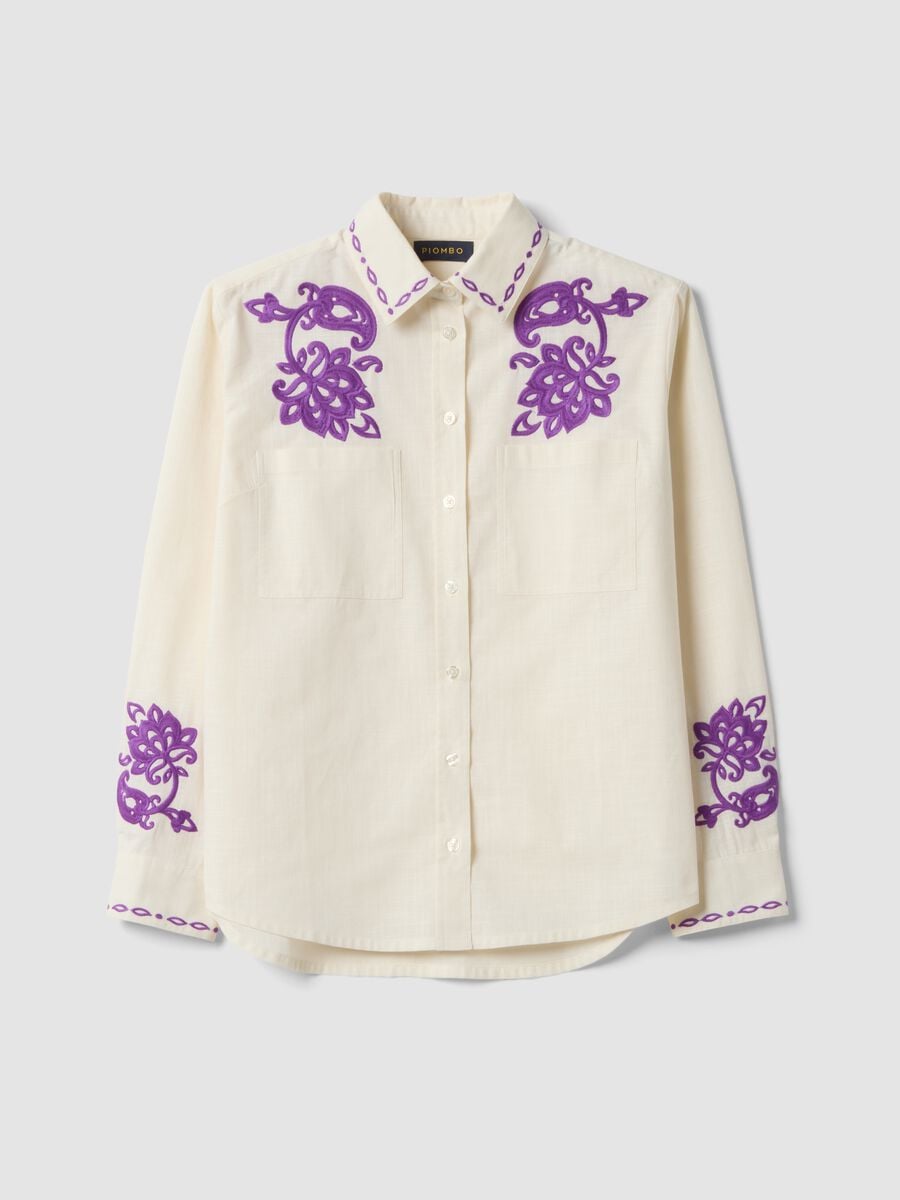 White pure cotton oversized shirt with purple embroidery_0