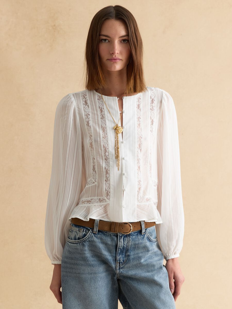 Camicia in pura viscosa bianca regular fit con dettagli in pizzo_1
