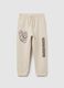 Children's beige pure cotton regular fit trousers with print_0
