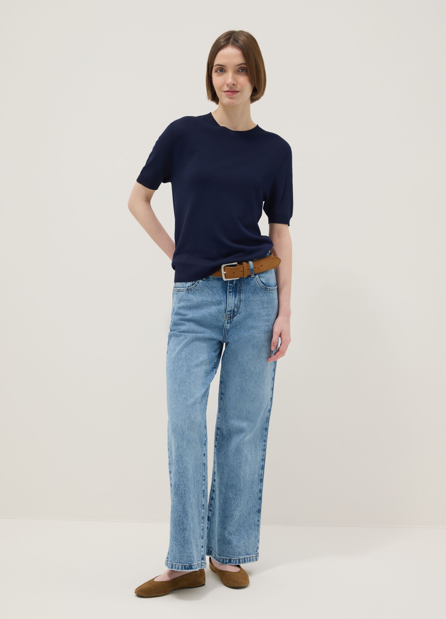 Regular fit blue denim cotton blend trousers