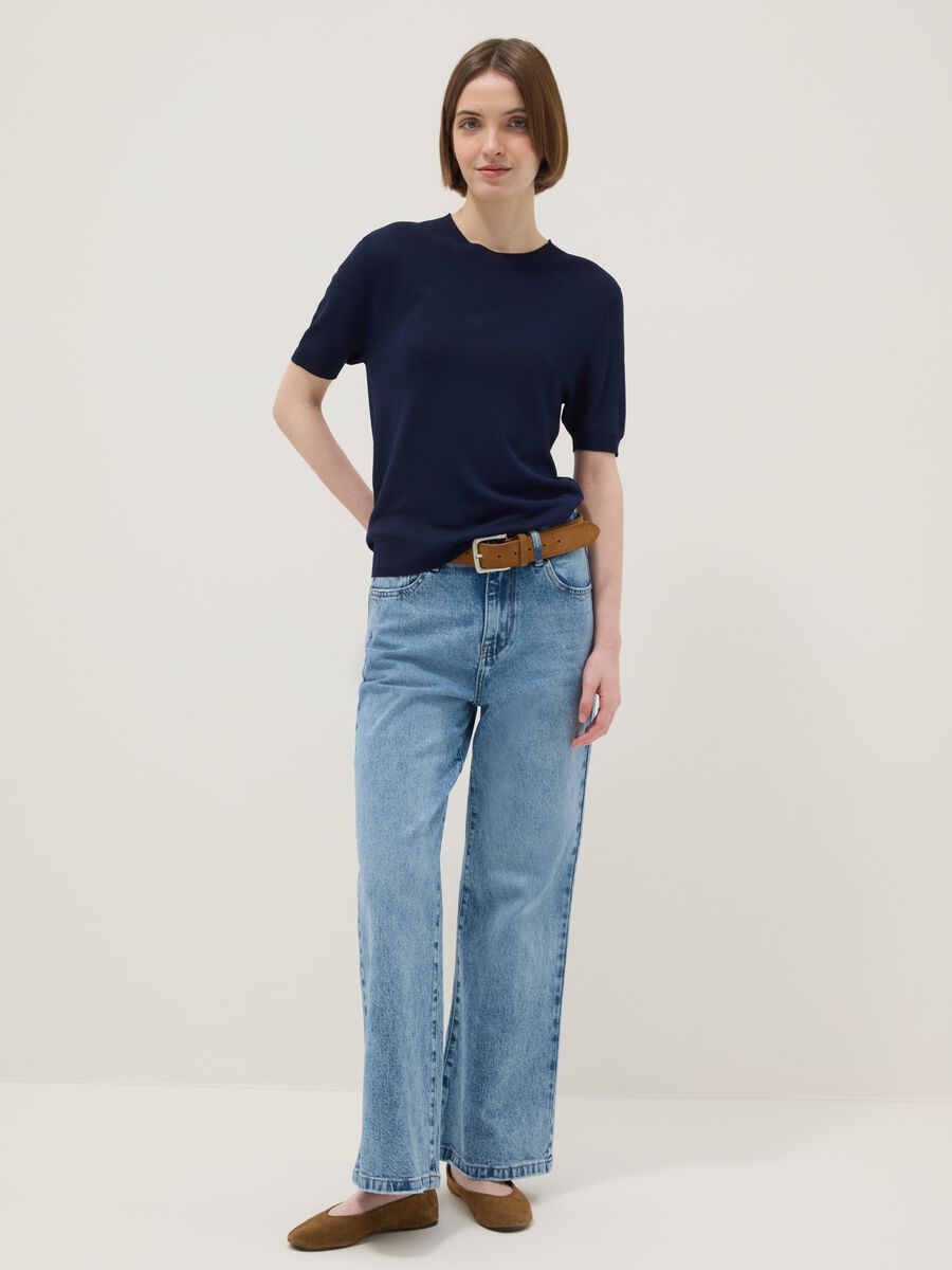 Regular fit blue denim cotton blend trousers_0