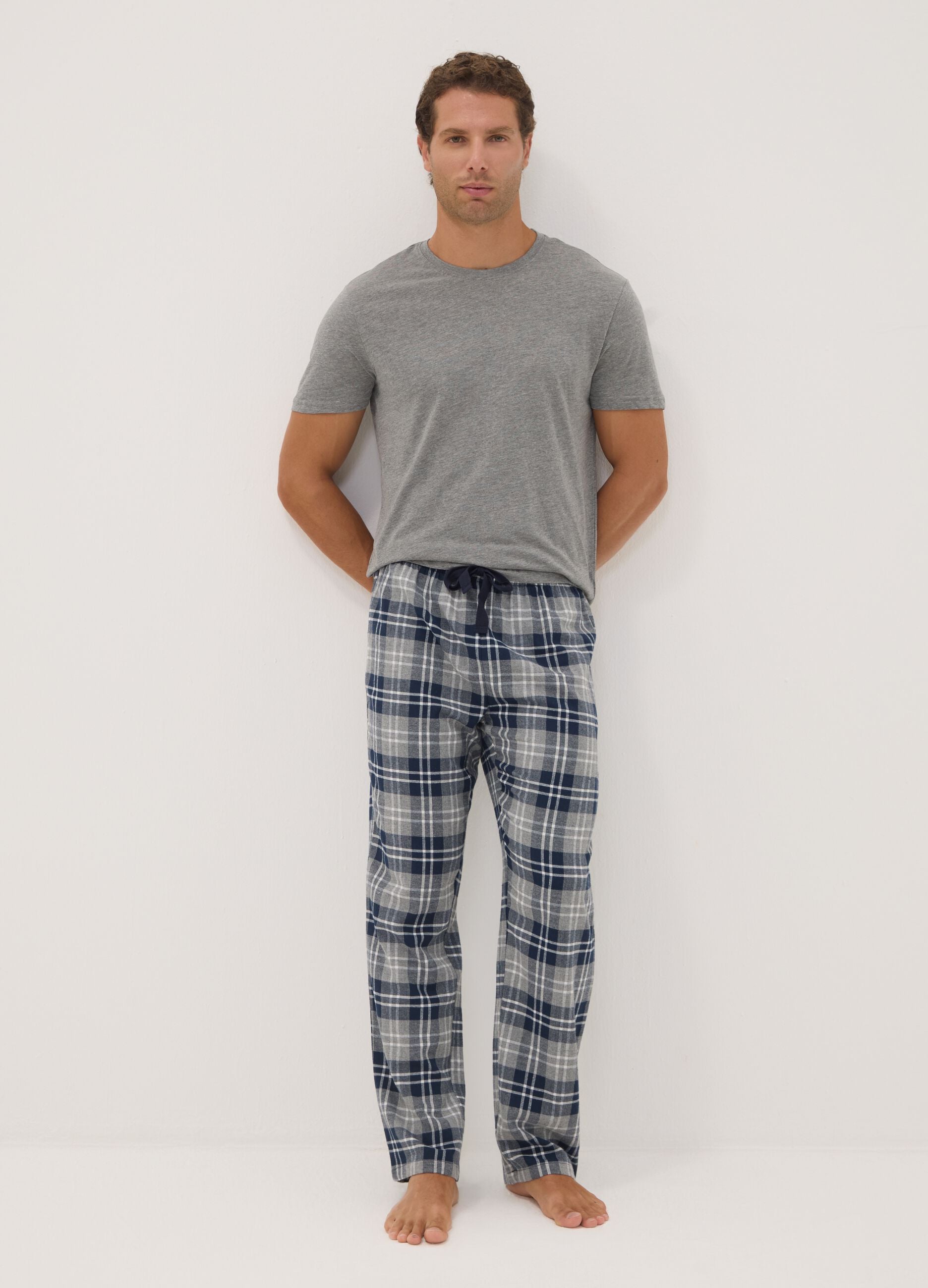 Pantaloni pigiama blu e grigi in flanella di puro cotone organico a quadri