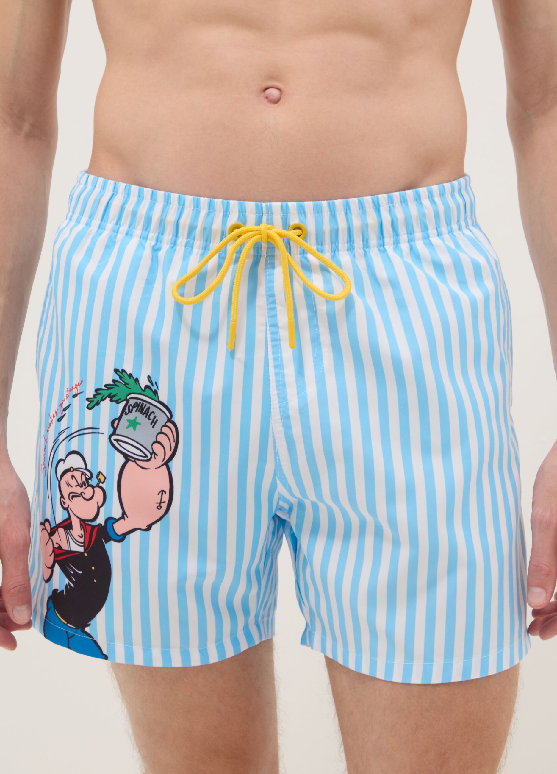 Multicolour striped swim shorts with Popeye print