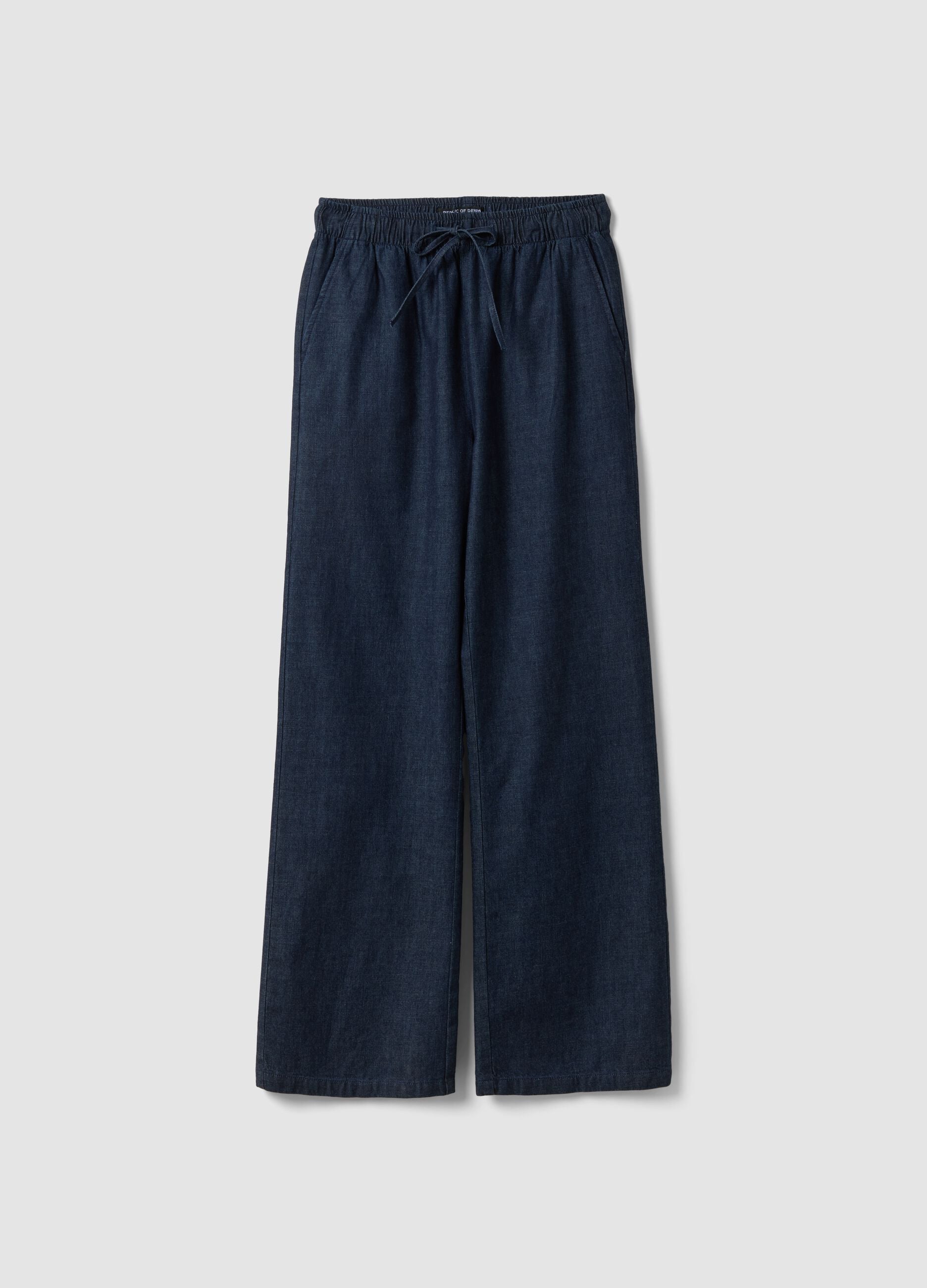 Pantaloni denim blu in puro cotone wide leg con coulisse