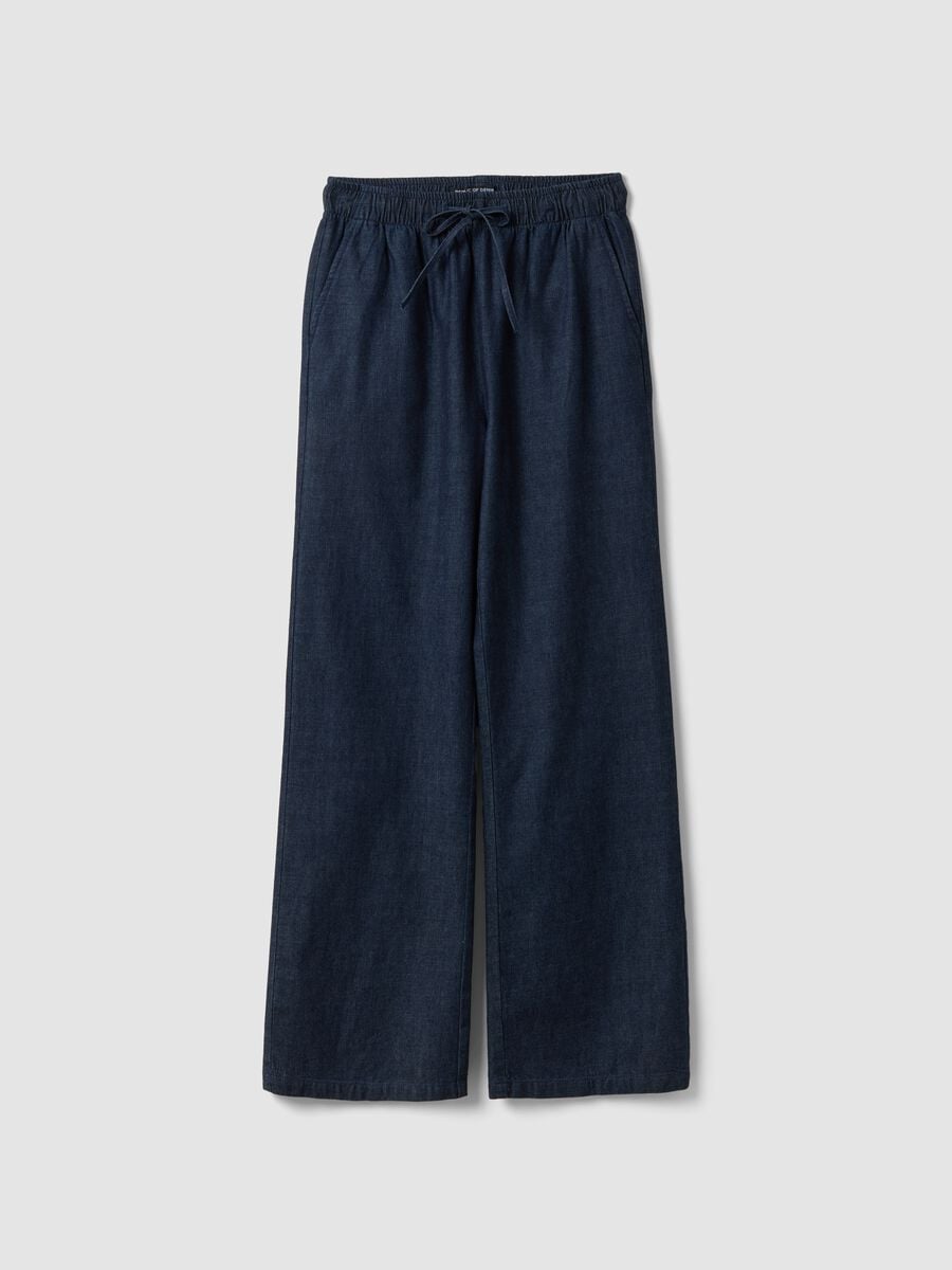 Pantaloni denim blu in puro cotone wide leg con coulisse_4