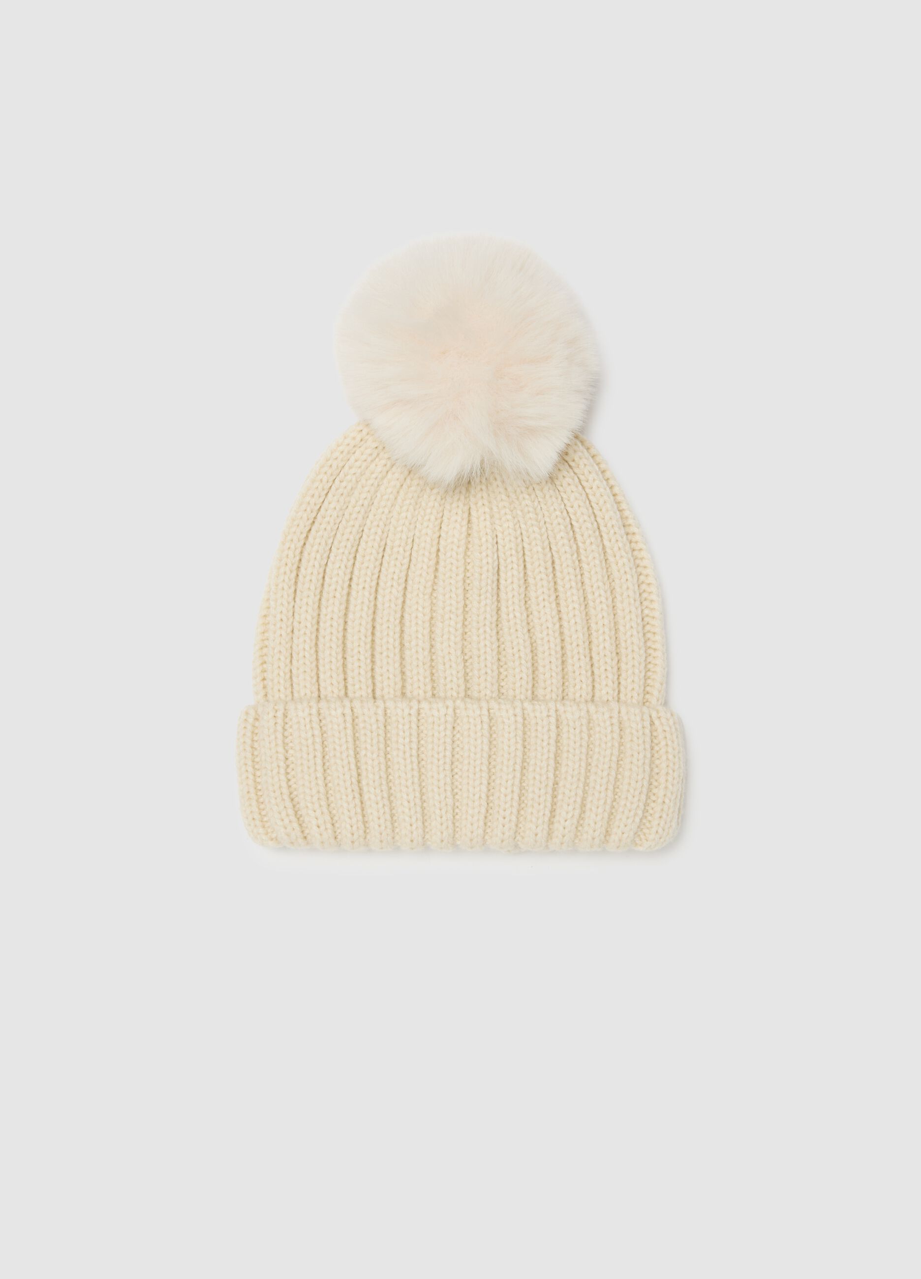 Beige girl's hat with pom-pom