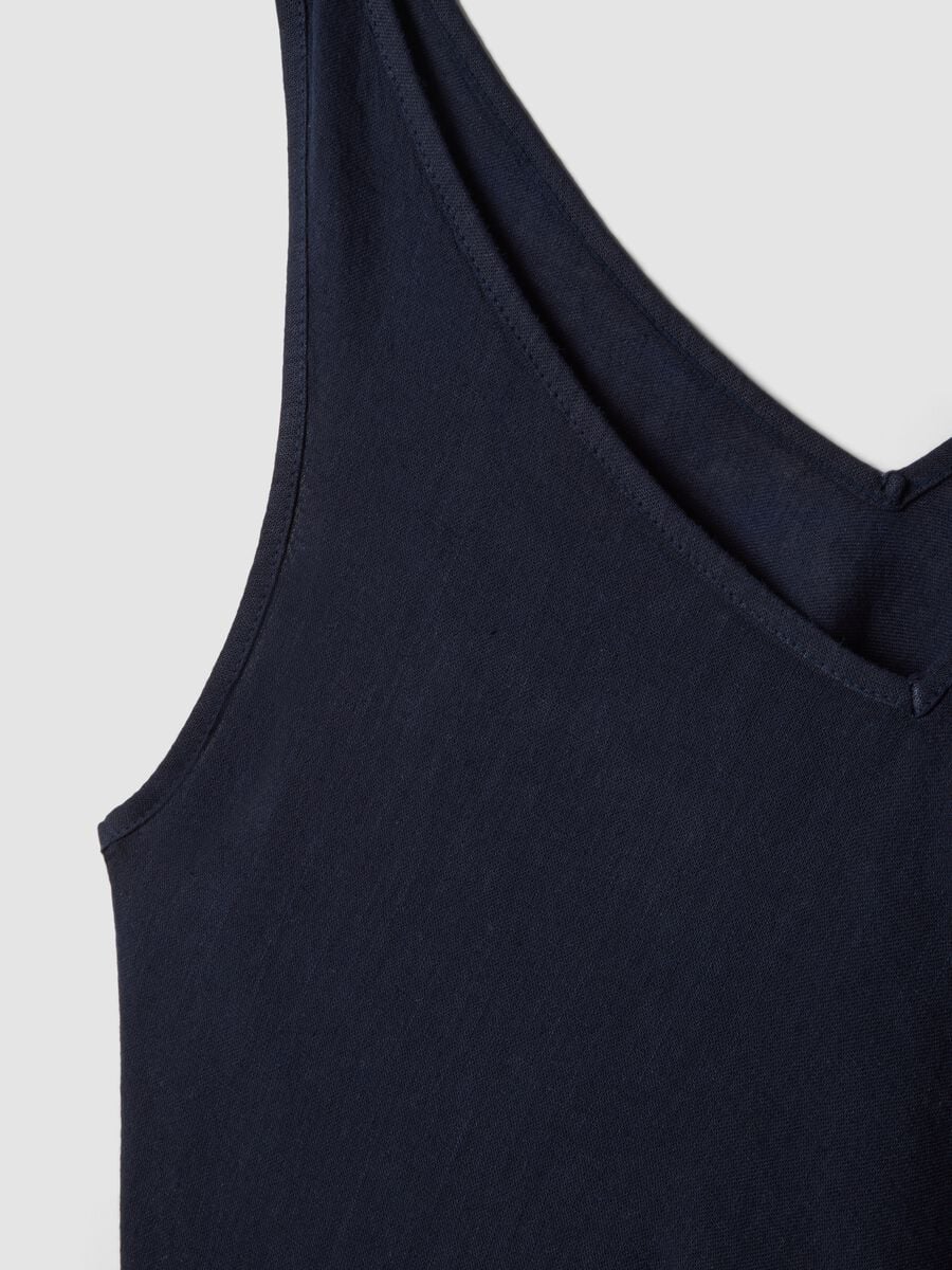 Abito midi blu in misto lino e viscosa con scollo a V regular fit_5