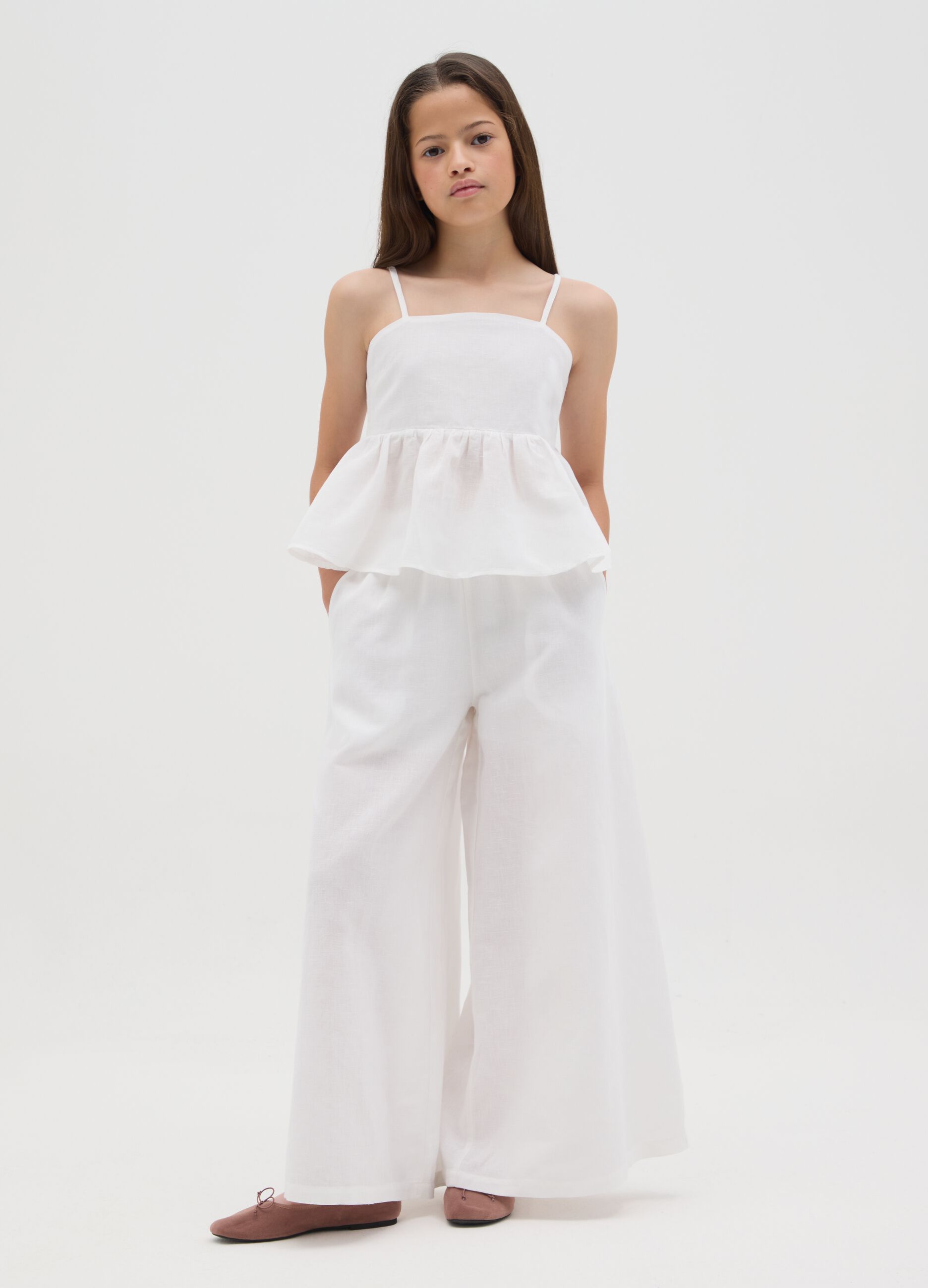 Pantaloni da ragazza in cotone e lino bianchi wide leg