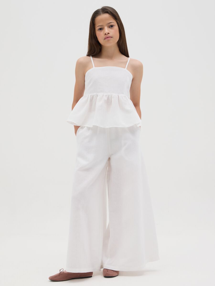 Girls' wide leg white cotton and linen trousers_1