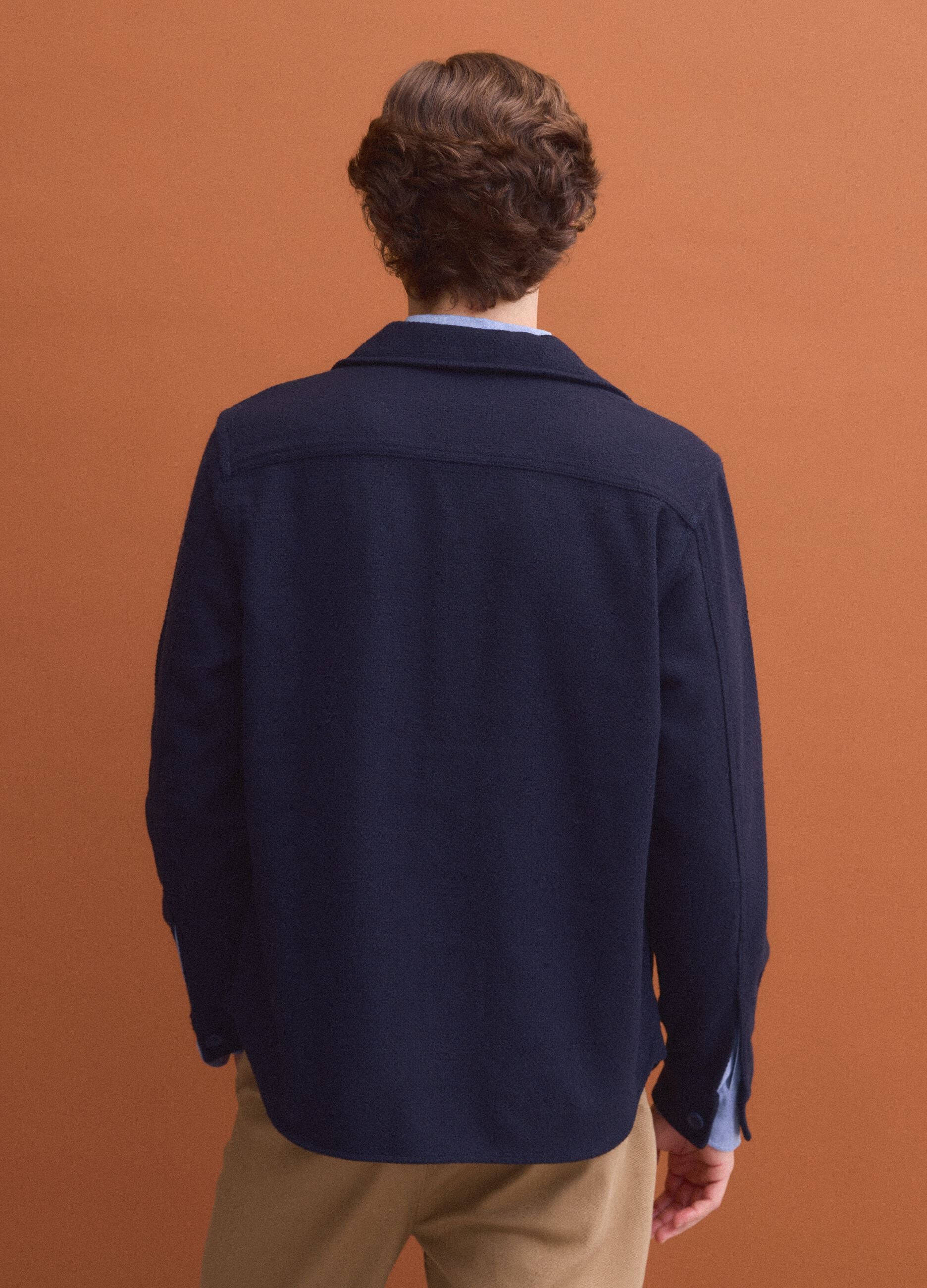 Blue wool and viscose-blend shacket with buttons, oversized fit