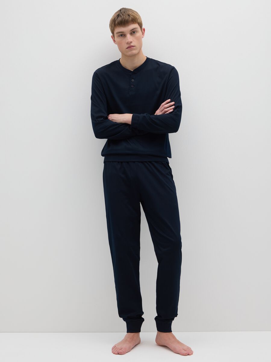 Regular fit blue pyjamas in pure cotton with henley collar_1