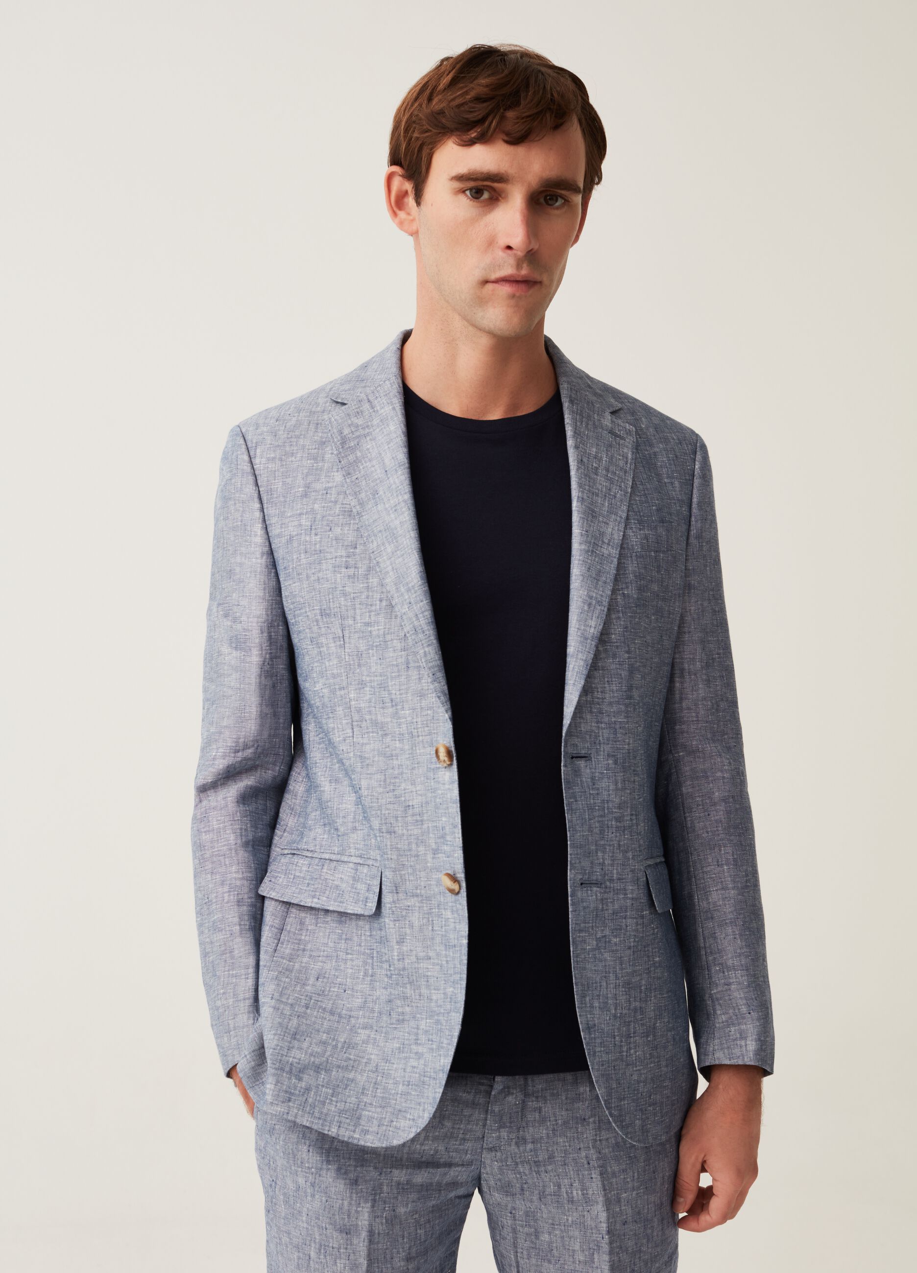 Blazer slim fit in lino blu chambray_0