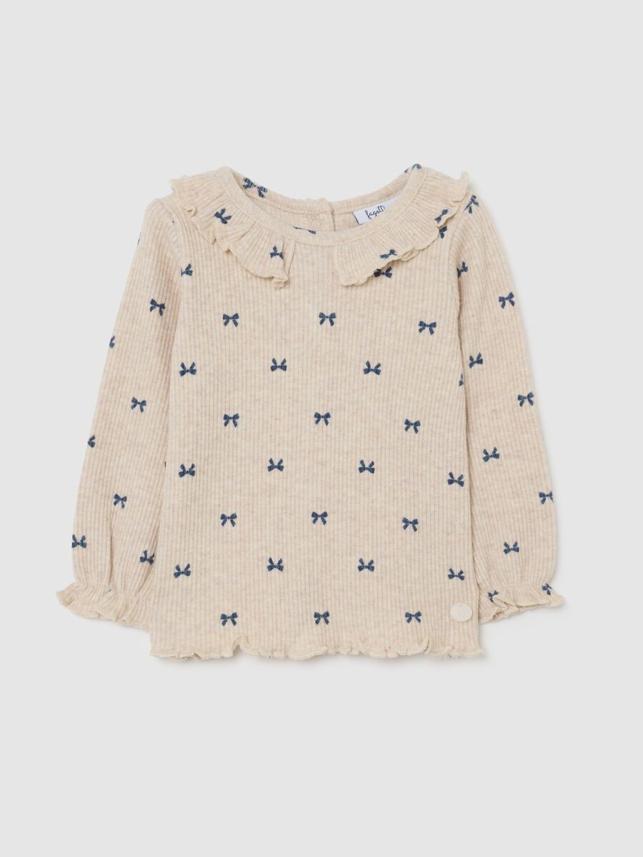 Beige baby girl's regular fit cotton blend t-shirt with bows_0