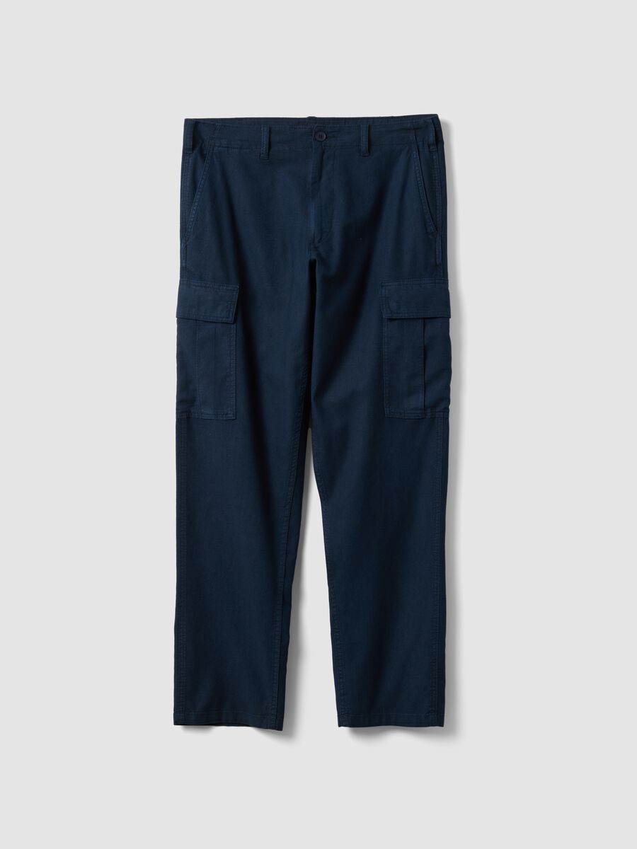 Pantaloni cargo blu in misto lino e cotone regular fit_0