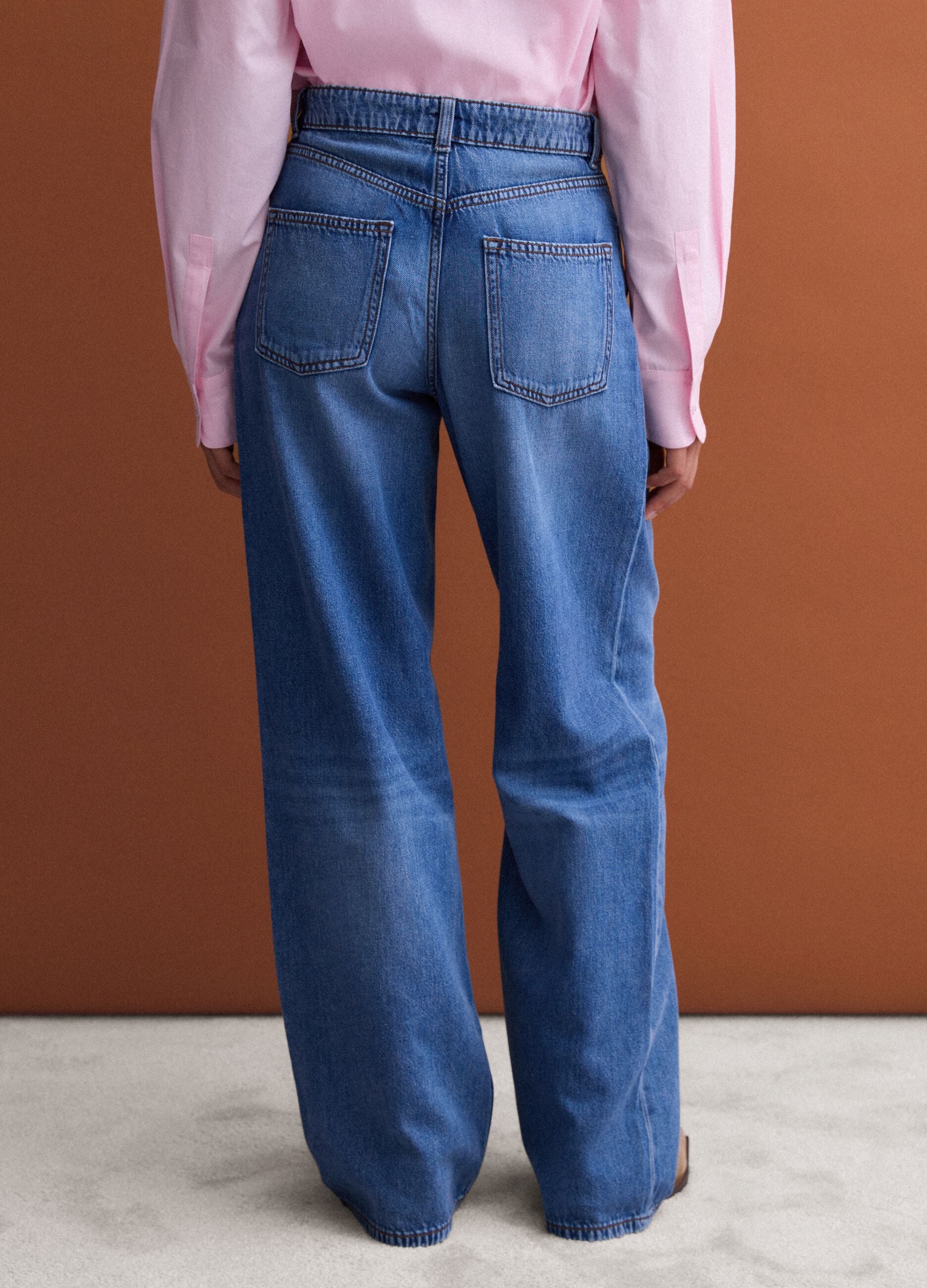 Jeans blu wide leg a vita alta in puro cotone
