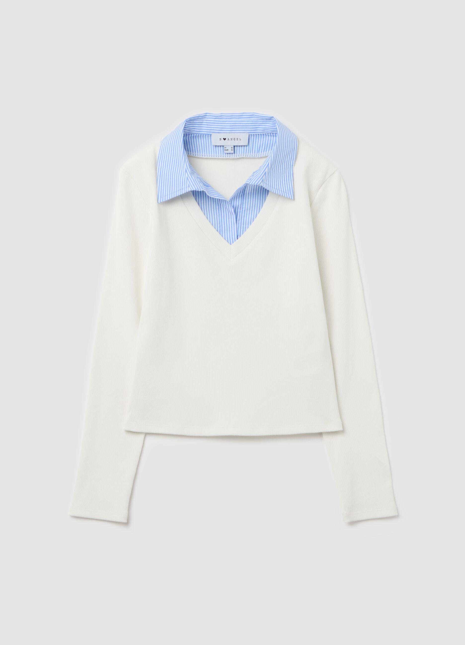 White ribbed T-shirt with contrasting collar