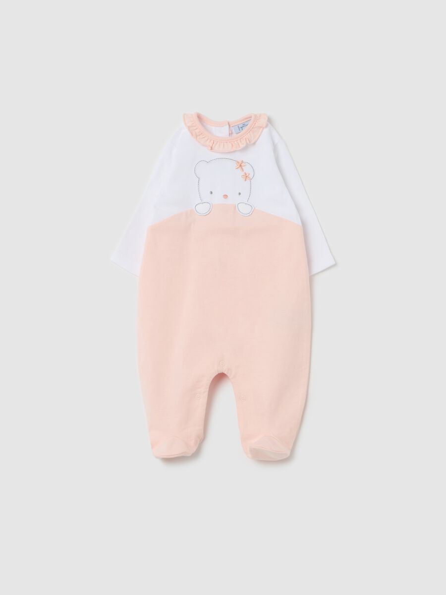 Cotton onesie with feet and girl teddy bear embroidery_0
