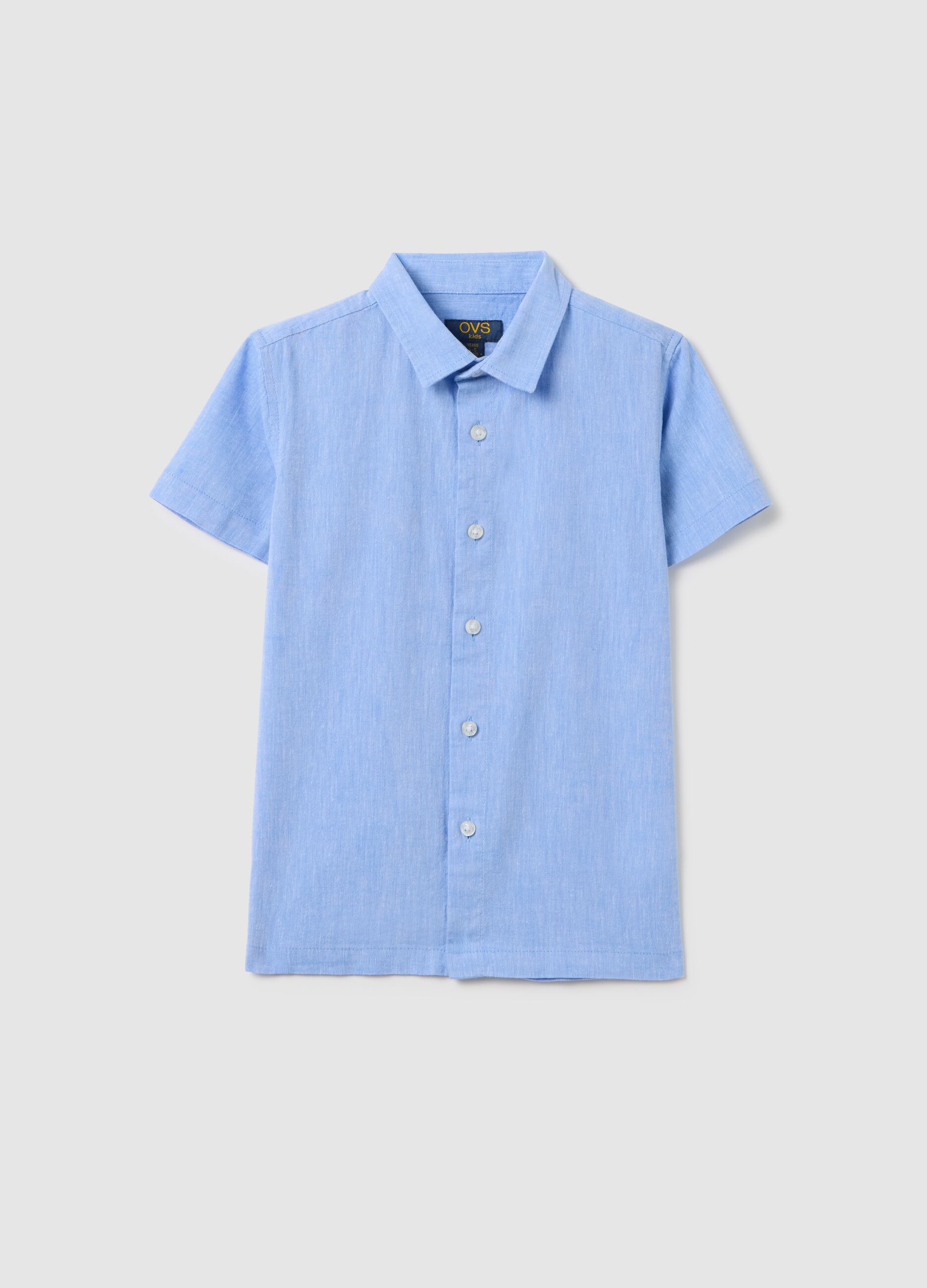 Regular fit azure linen kids' shirt with pointed collar and short sleeves