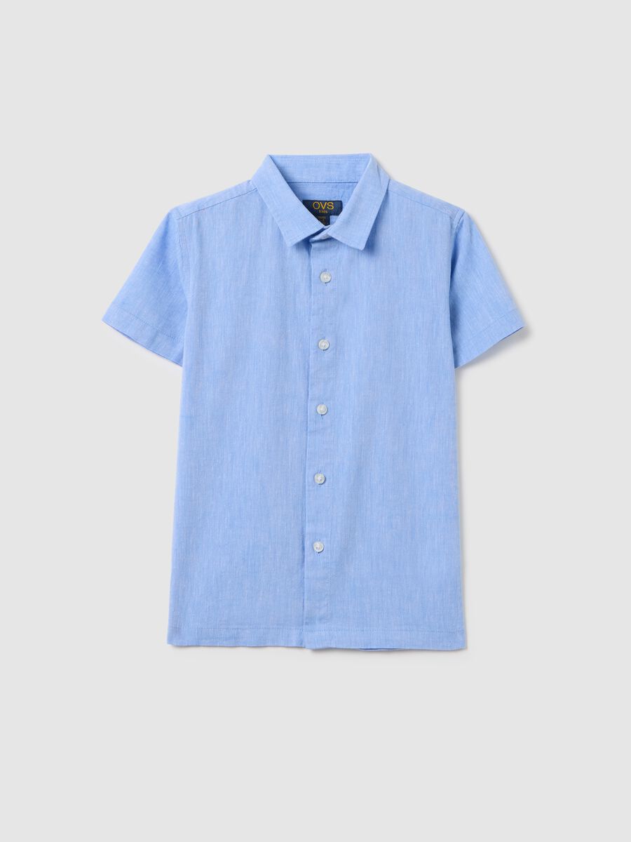 Regular fit azure linen kids' shirt with pointed collar and short sleeves_0