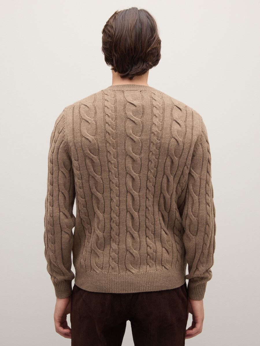 Brown regular fit crew neck jumper with cable knit_3