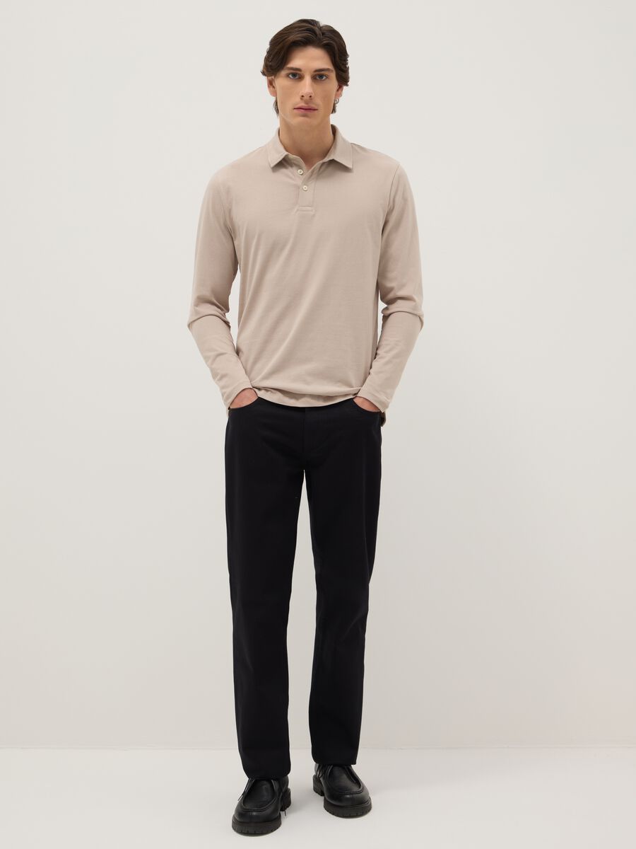 Beige long-sleeve pure cotton polo regular fit_1