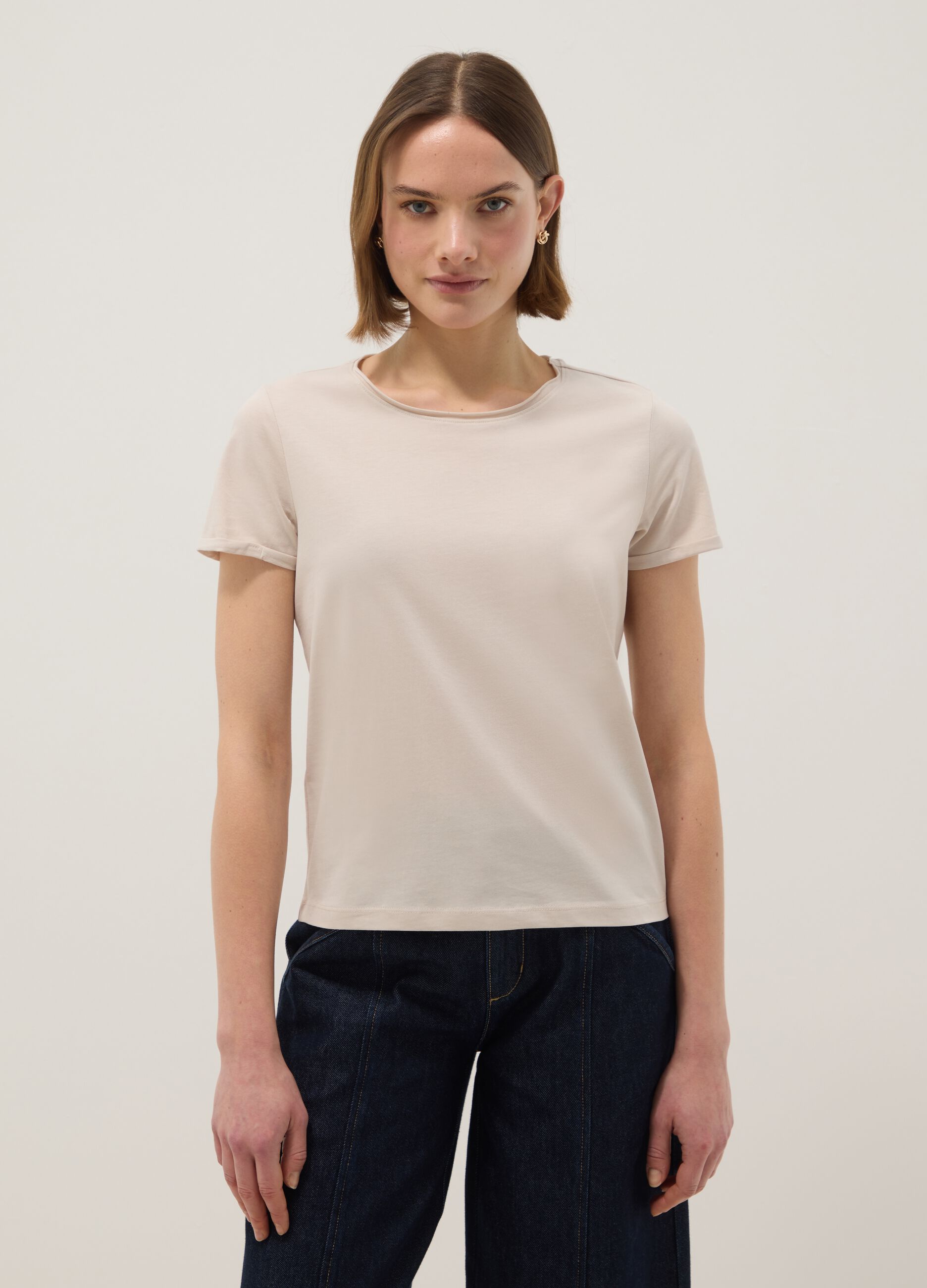 Beige pure cotton short-sleeve T-shirt, regular fit