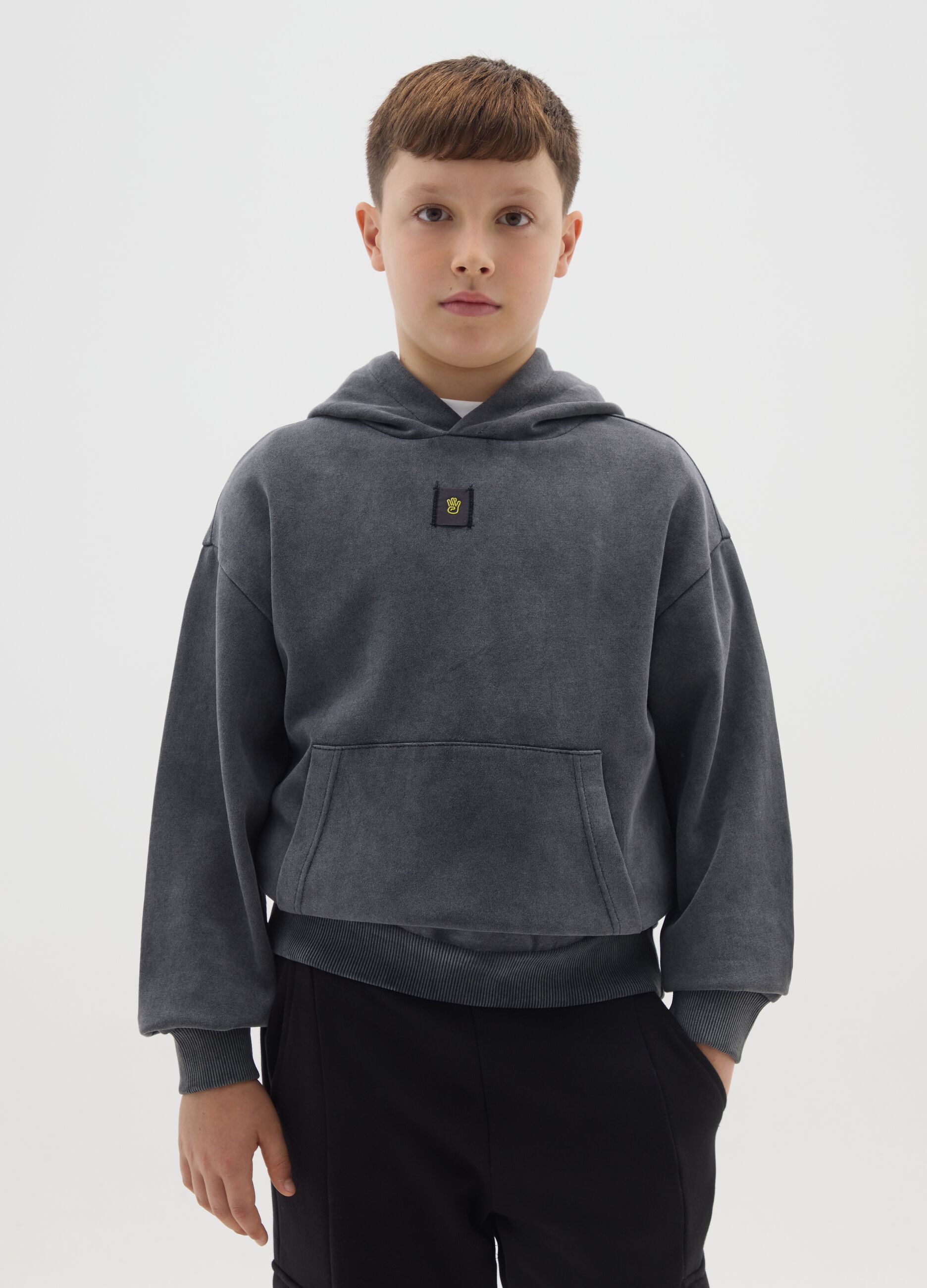 Boys' oversized grey cotton blend hoodie