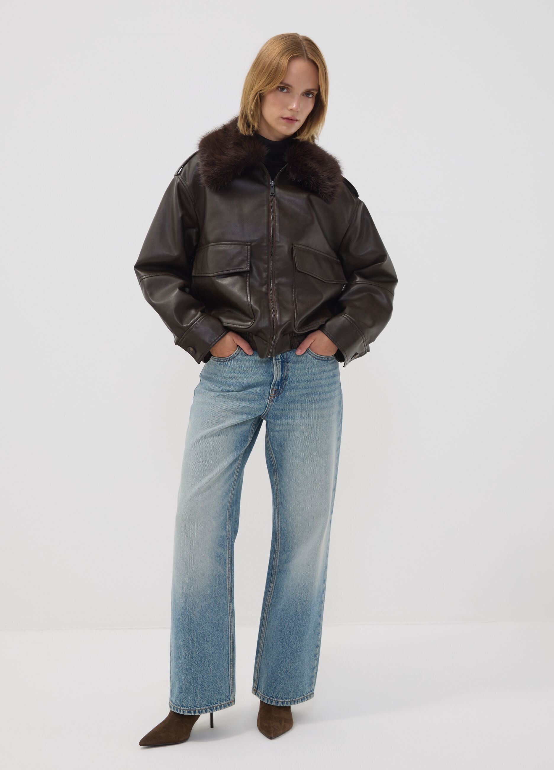 Brown viscose-blend parka with contrasting collar