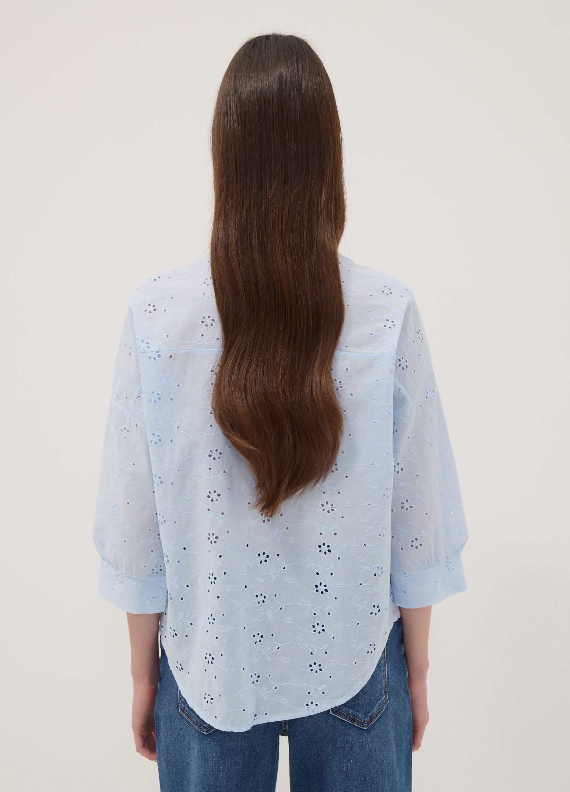 Light Blue Broderie Cotton Shirt with Mandarin Collar, Regular Fit