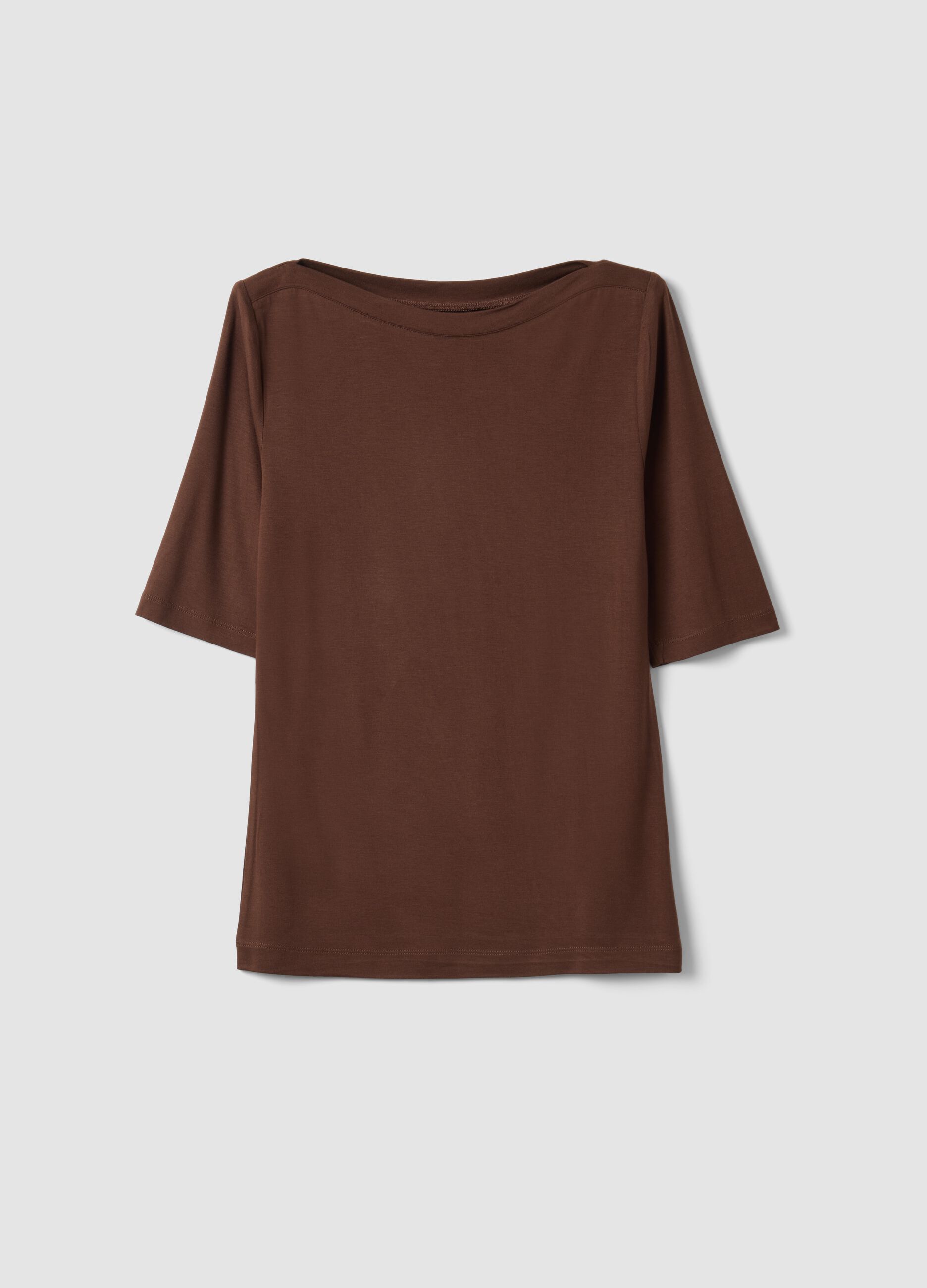 Brown stretch viscose t-shirt regular fit with boat neckline