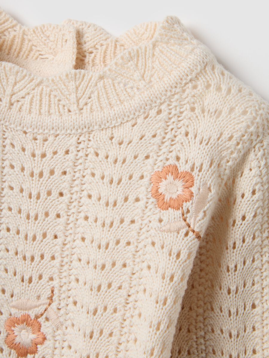 Beige pure cotton perforated jumper for girls, regular fit with embroidery_2