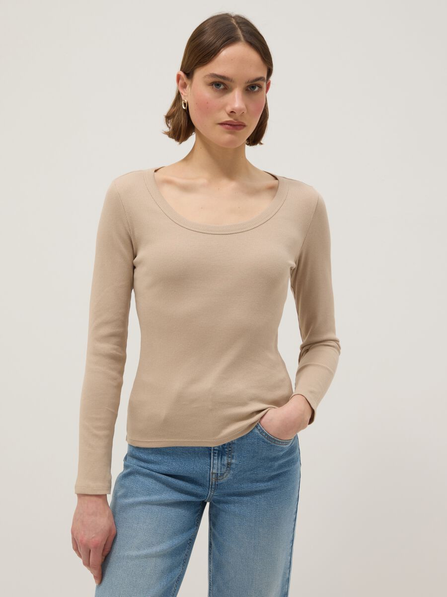 T-shirt a maniche lunghe in puro cotone beige regular fit_0
