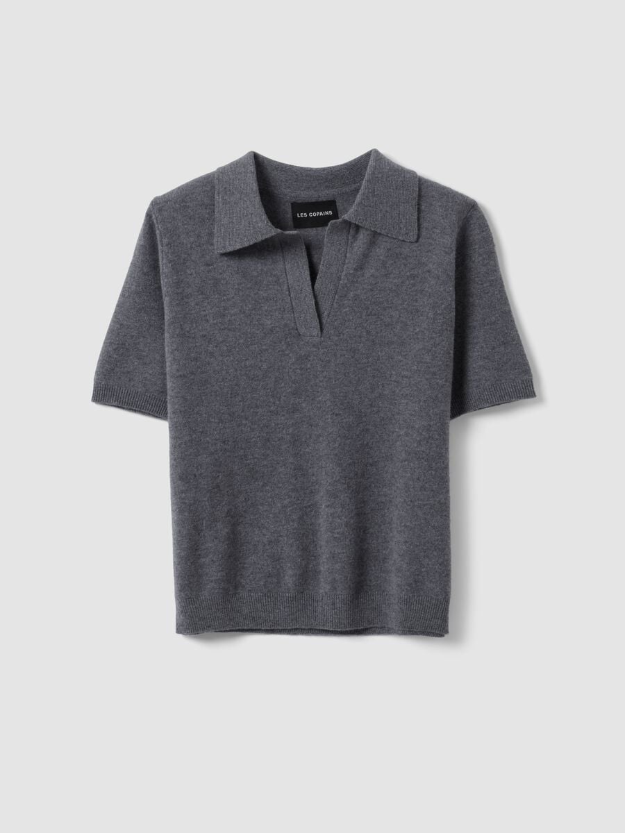 Maglia grigia in pura lana con colletto polo over fit_4
