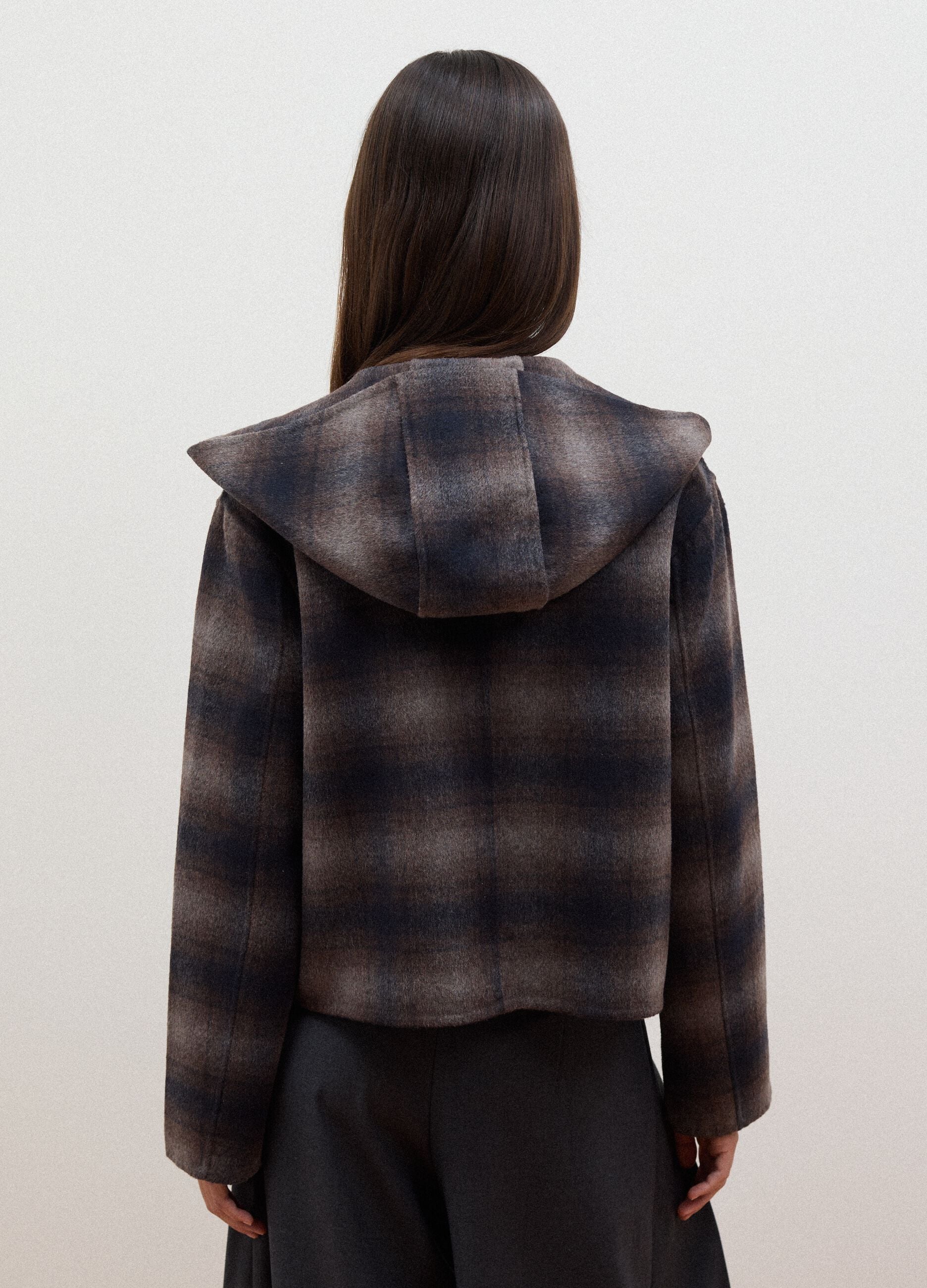 Brown wool and viscose blend hooded coat, regular fit