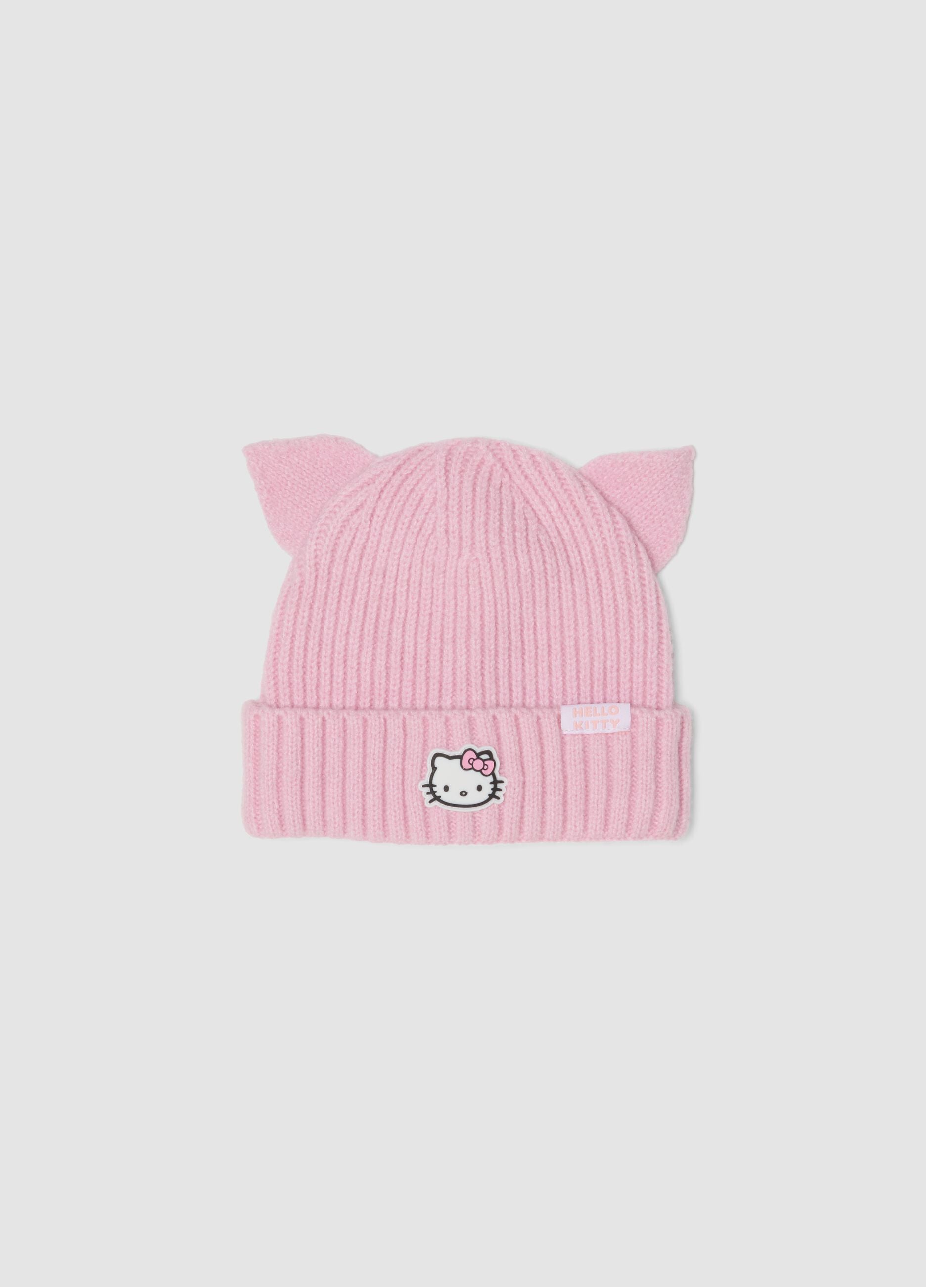 Pink ribbed stretch beanie with Hello Kitty embroidery