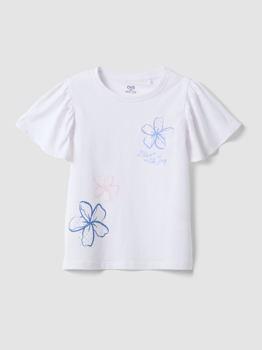 Girls&rsquo; white pure cotton T-shirt with ruffles and rhinestones_0
