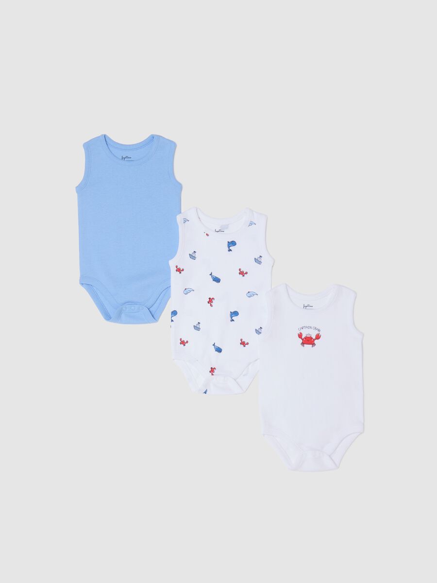 Three-pack white and light blue bodysuits in organic cotton with print_0
