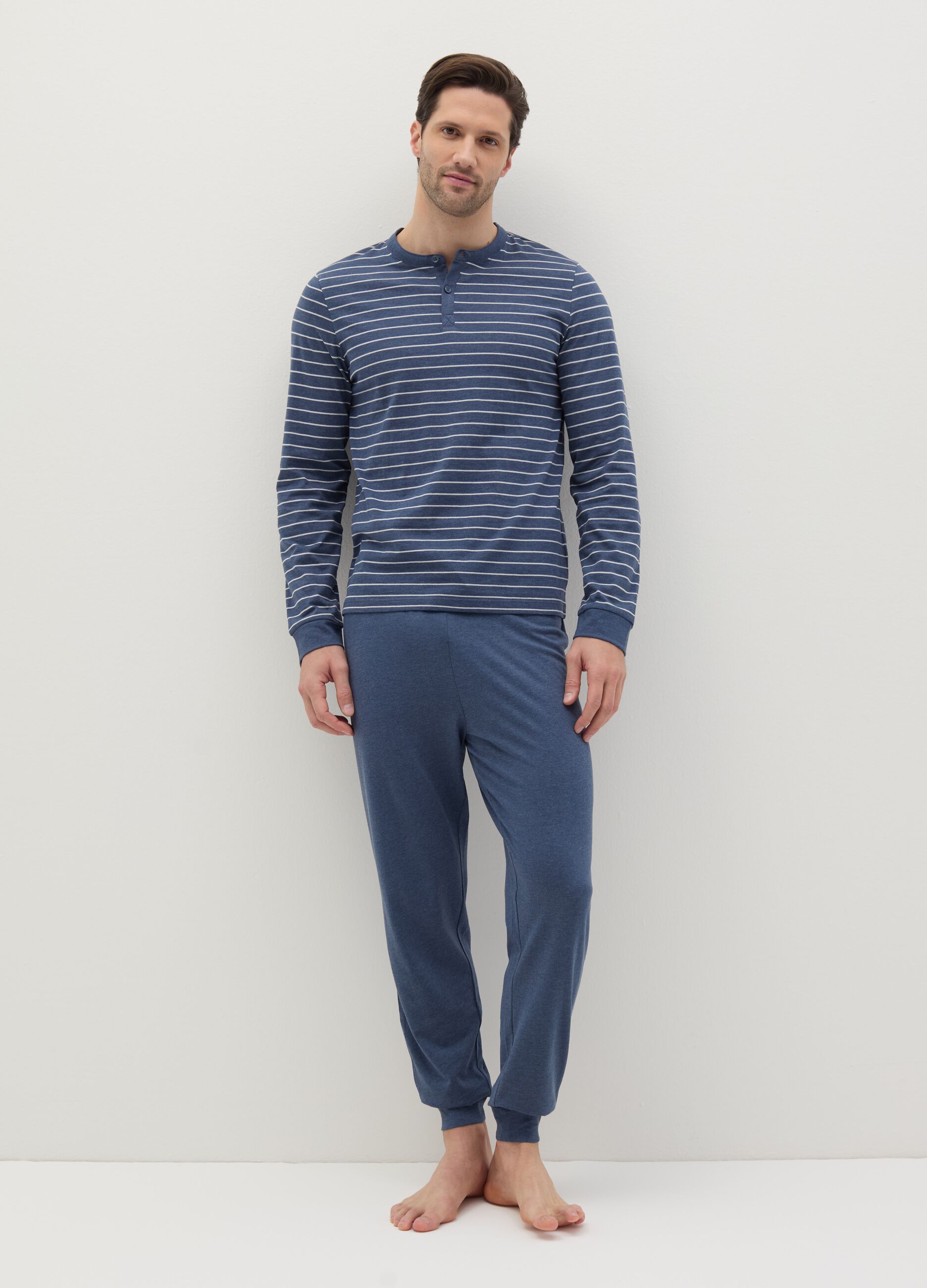 Striped pyjama top with granddad neckline
