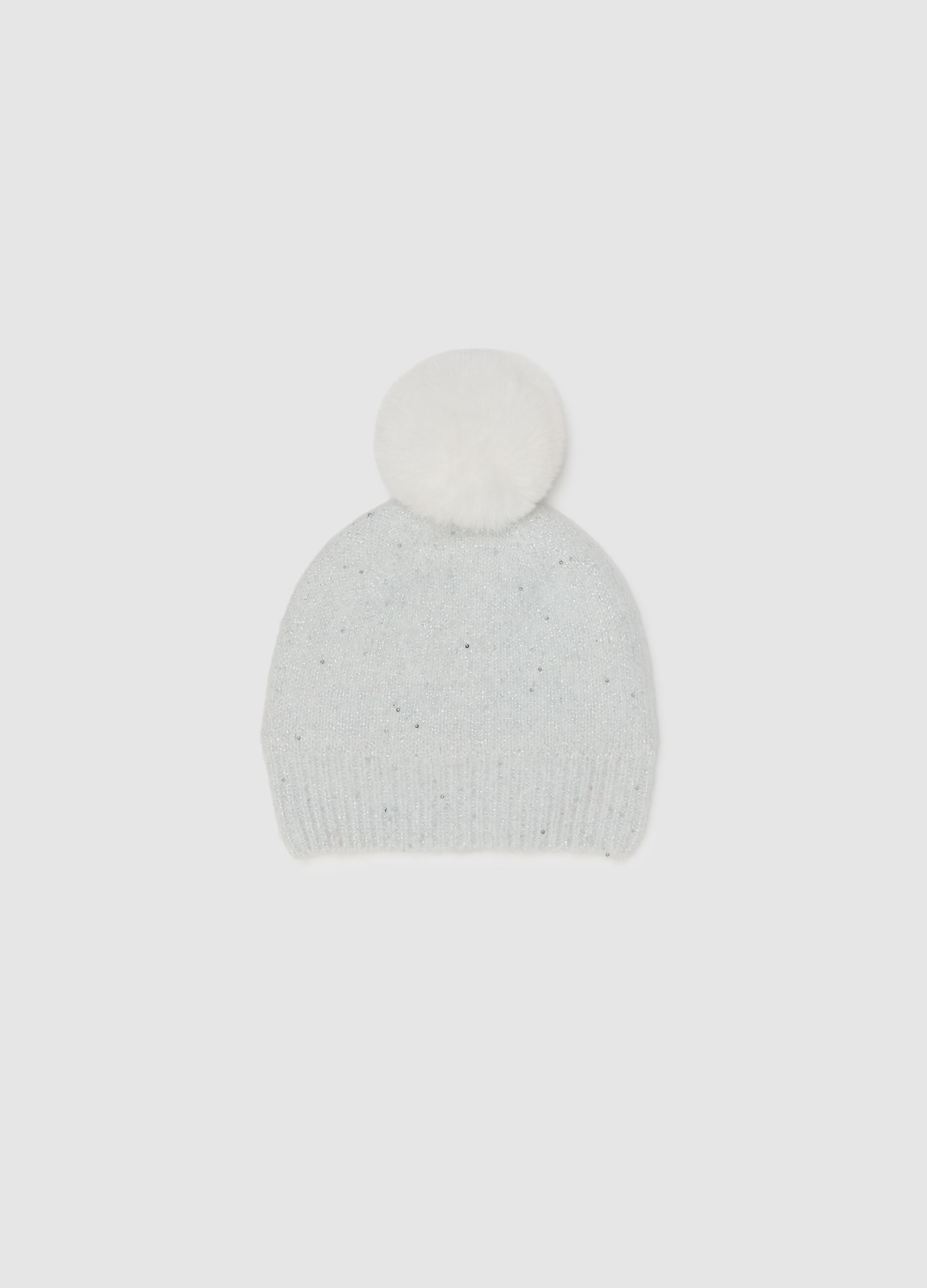 White girl's hat with pom-pom and glitter