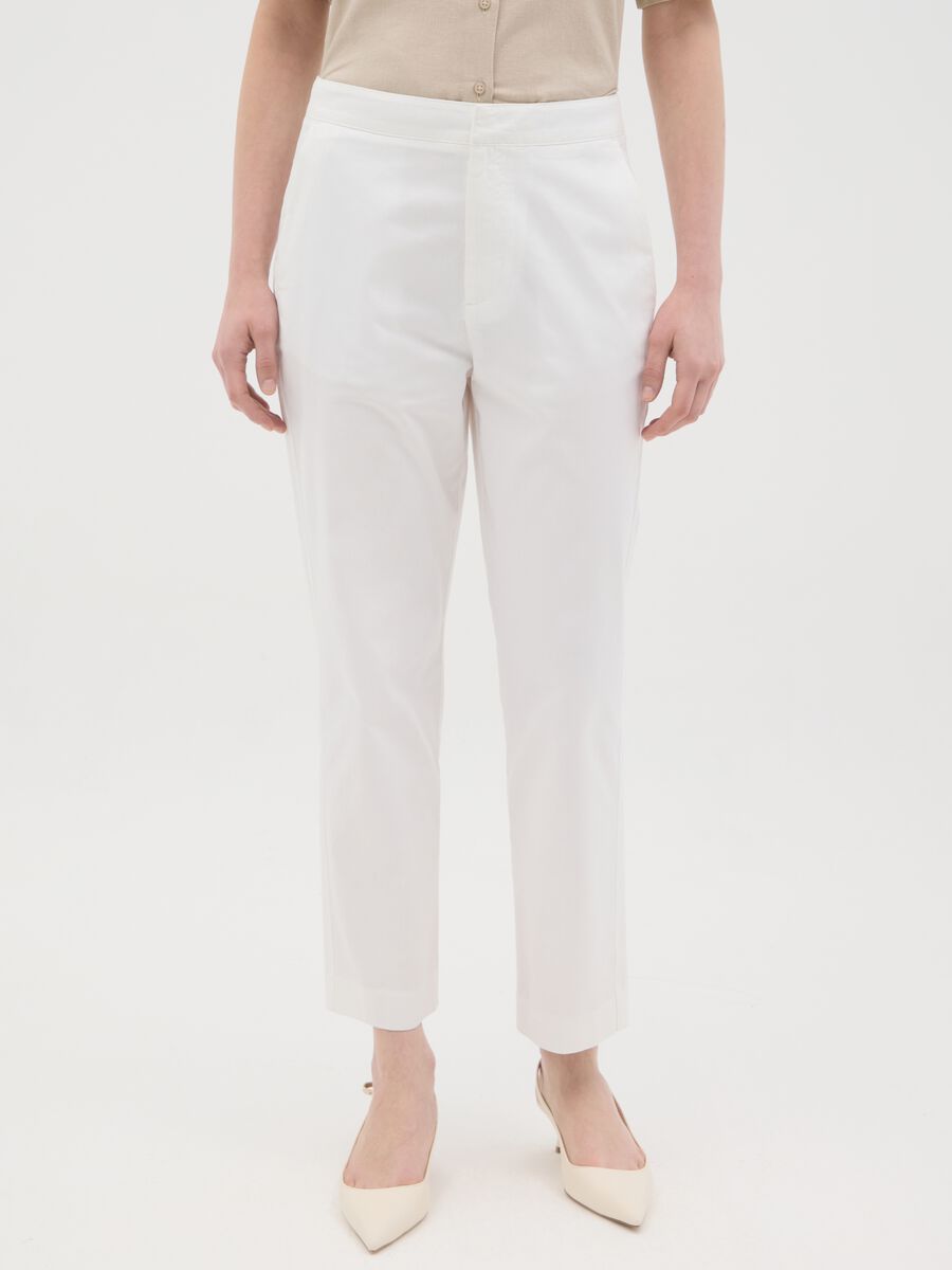 Women's pure white cotton trousers, regular fit with high waist_1