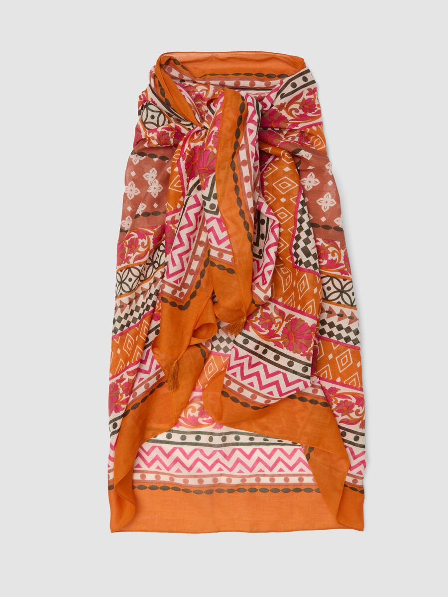 Orange pure cotton pareo with patterned print_4